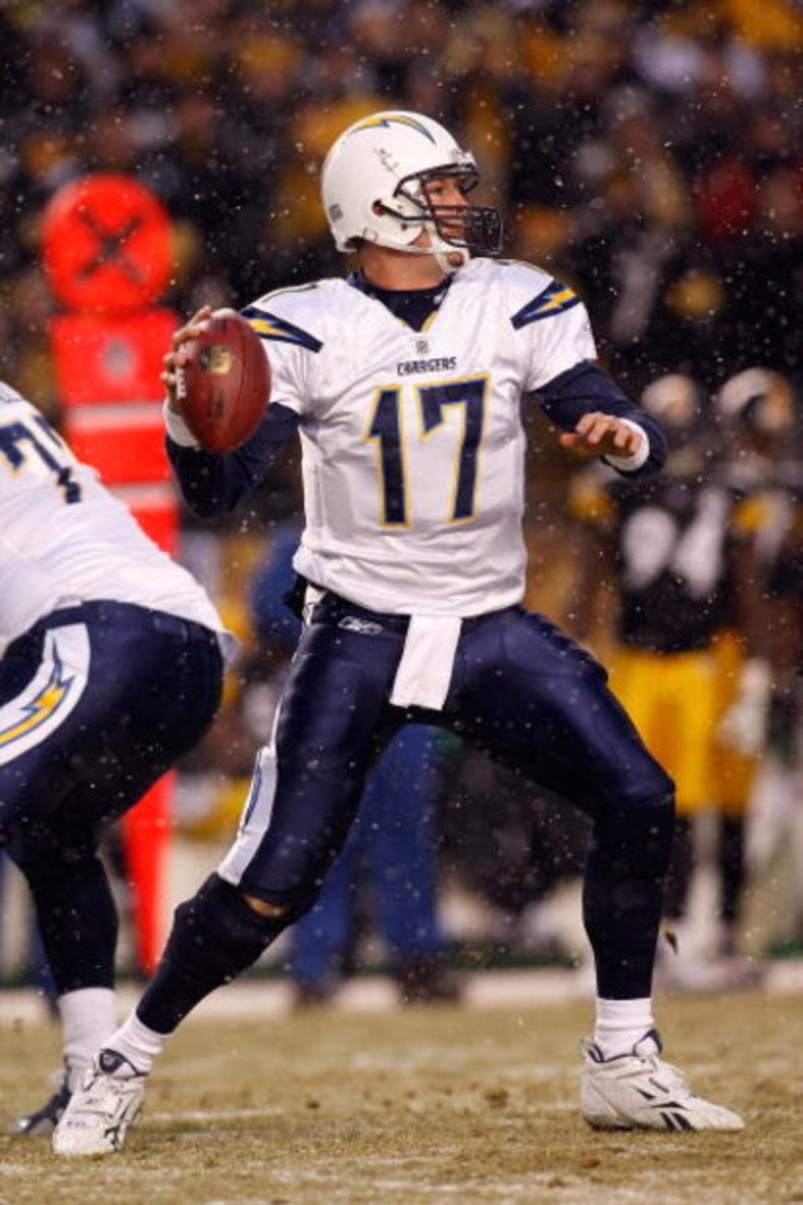 PITTSBURGH - JANUARY 11:  Philip Rivers #17 of the San Diego Chargers looks to pass against the Pittsburgh Steelers during their AFC Divisional Playoff Game on January 11, 2009 at Heinz Field in Pittsburgh, Pennsylvania.  (Photo by Chris Graythen/Getty Im