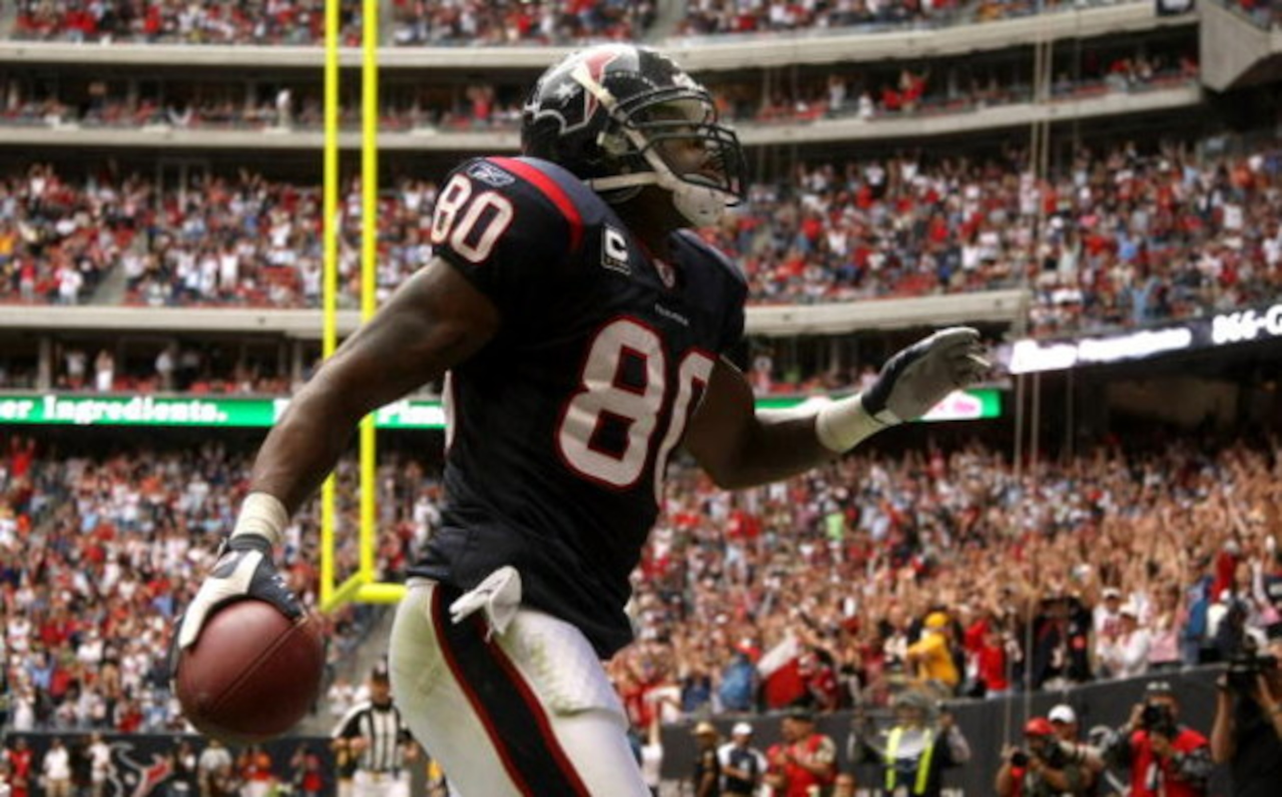 HOUSTON - DECEMBER 14:  Wide receiver Andre Johnson #80 of the Houston Texans celebrates after making a touchdown catch against the Tennessee Titans on December 14, 2008 at Reliant Stadium in Houston, Texas.  (Photo by Stephen Dunn/Getty Images)