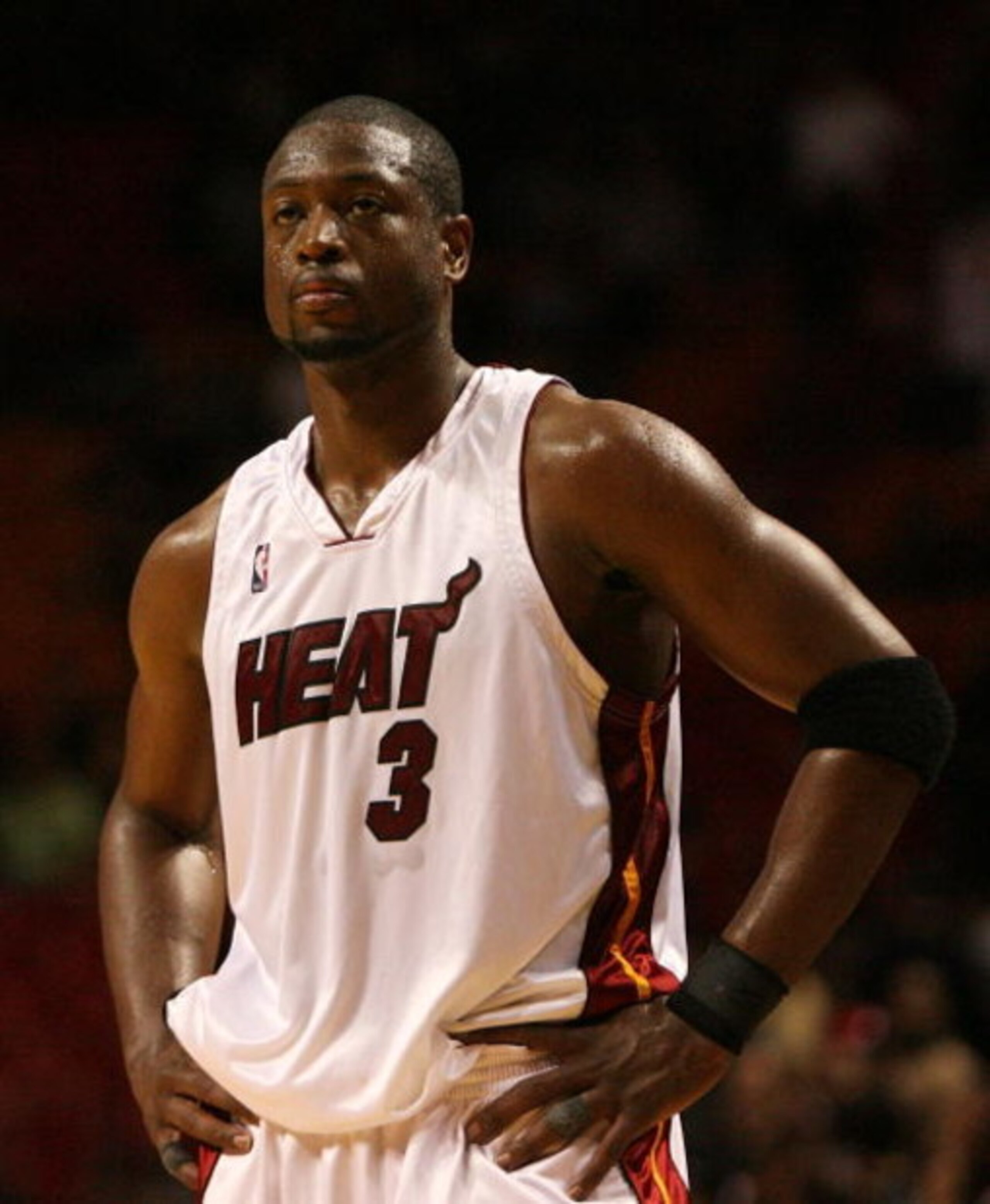 MIAMI - APRIL 27:  Dwyane Wade #3 of the Miami Heat reacts with less than a minute to play in the game against the Atlanta Hawks during Game Four of the Eastern Conference Quarterfinals of the 2009 NBA Playoffs at American Airlines Arena on April 27, 2009
