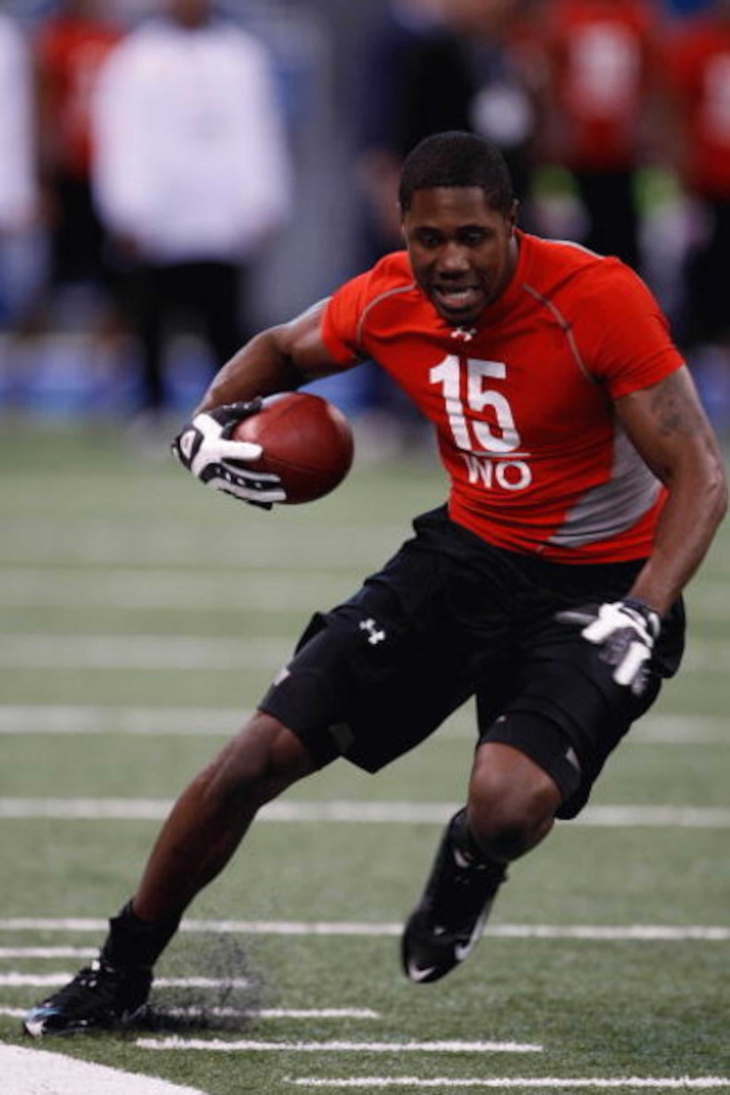 INDIANAPOLIS, IN - FEBRUARY 22:  Wide receiver Darrius Heyward-Bey of Maryland runs with the football during the NFL Scouting Combine presented by Under Armour at Lucas Oil Stadium on February 22, 2009 in Indianapolis, Indiana. (Photo by Scott Boehm/Getty