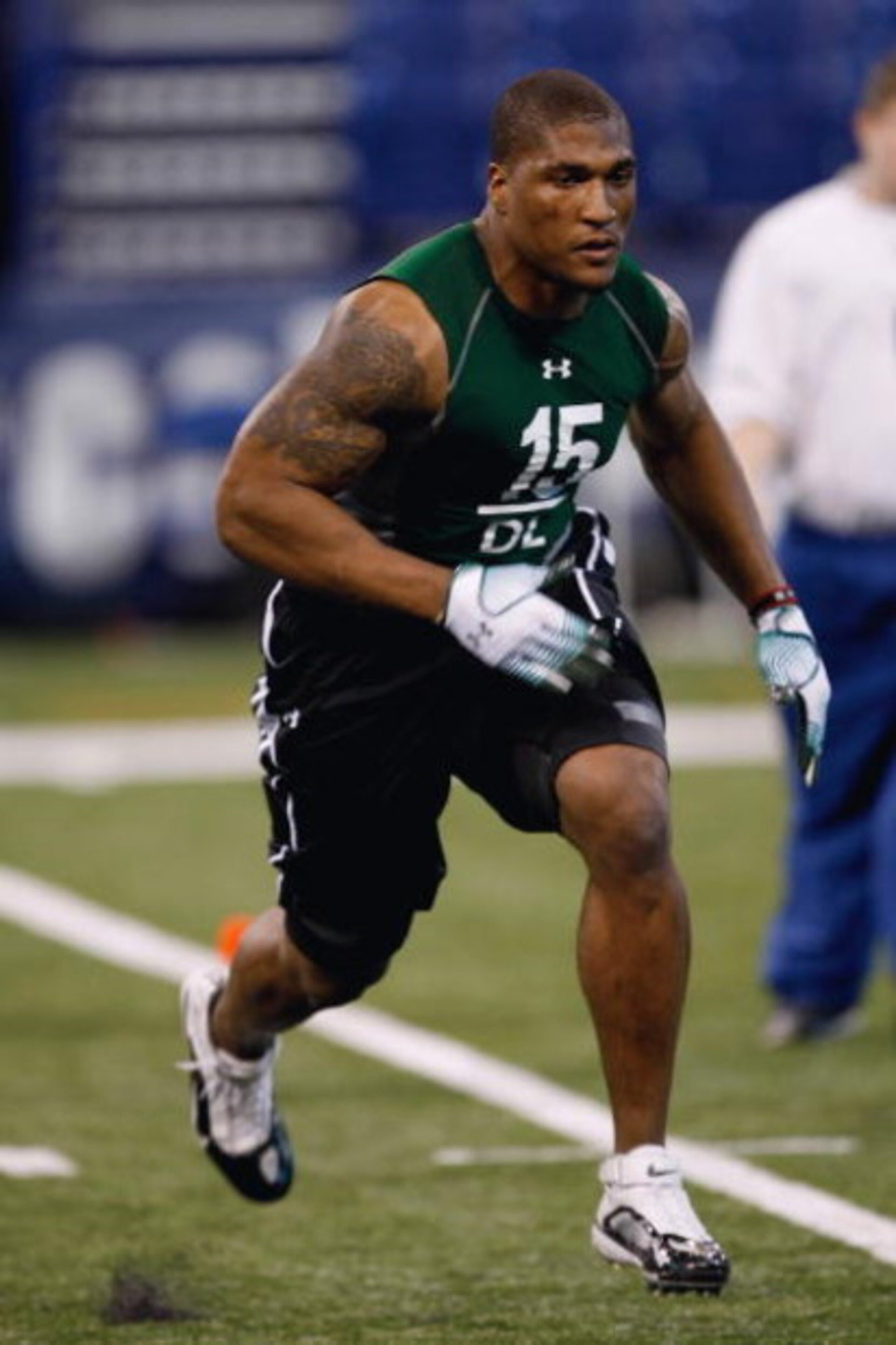 INDIANAPOLIS, IN - FEBRUARY 23:  Defensive lineman Larry English of Northern Illinois runs during the NFL Scouting Combine presented by Under Armour at Lucas Oil Stadium on February 23, 2009 in Indianapolis, Indiana. (Photo by Scott Boehm/Getty Images)