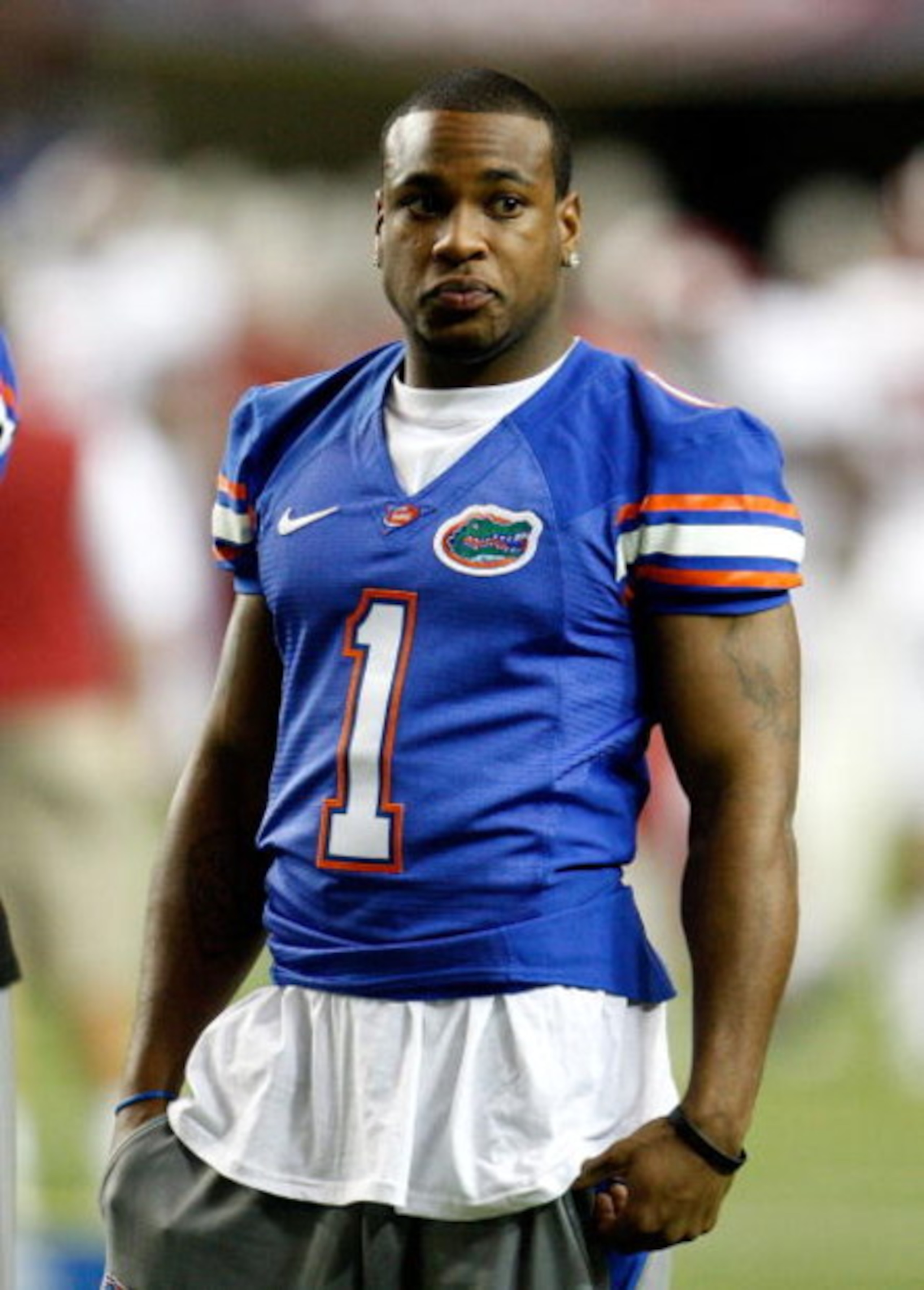 ATLANTA - DECEMBER 06:  Percy Harvin #1 of the Florida Gators watches pregame warmups before the start of the SEC Championship against the Alabama Crimson Tide during the SEC Championship on December 6, 2008 at the Georgia Dome in Atlanta, Georgia.  (Phot