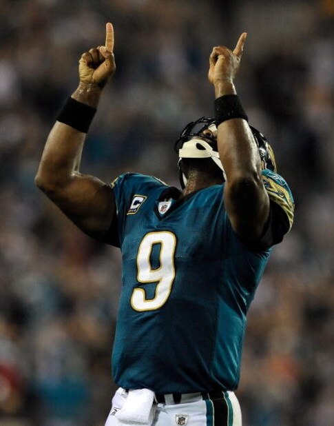JACKSONVILLE, FL - DECEMBER 18:  David Garrard #9 of the Jacksonville Jaguars celebrates a touchdown during the game against the Indianapolis Colts at Jacksonville Municipal Stadium on December 18, 2008 in Jacksonville, Florida.  (Photo by Sam Greenwood/G