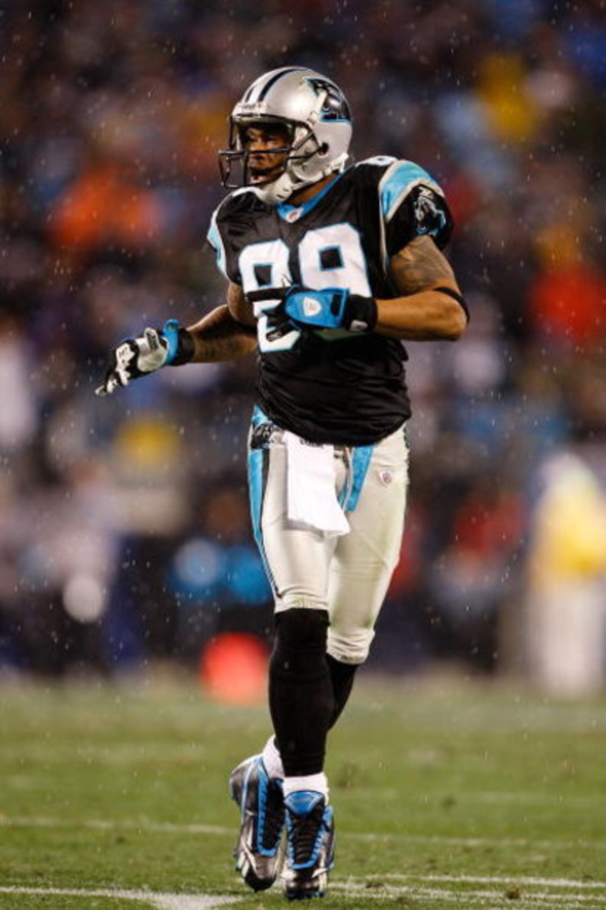 CHARLOTTE, NC - JANUARY 10:  Steve Smith #89 of the Carolina Panthers looks on in the rain during the game against the Arizona Cardinals during the NFC Divisional Playoff Game on January 10, 2009 at Bank of America Stadium in Charlotte, North Carolina.  (