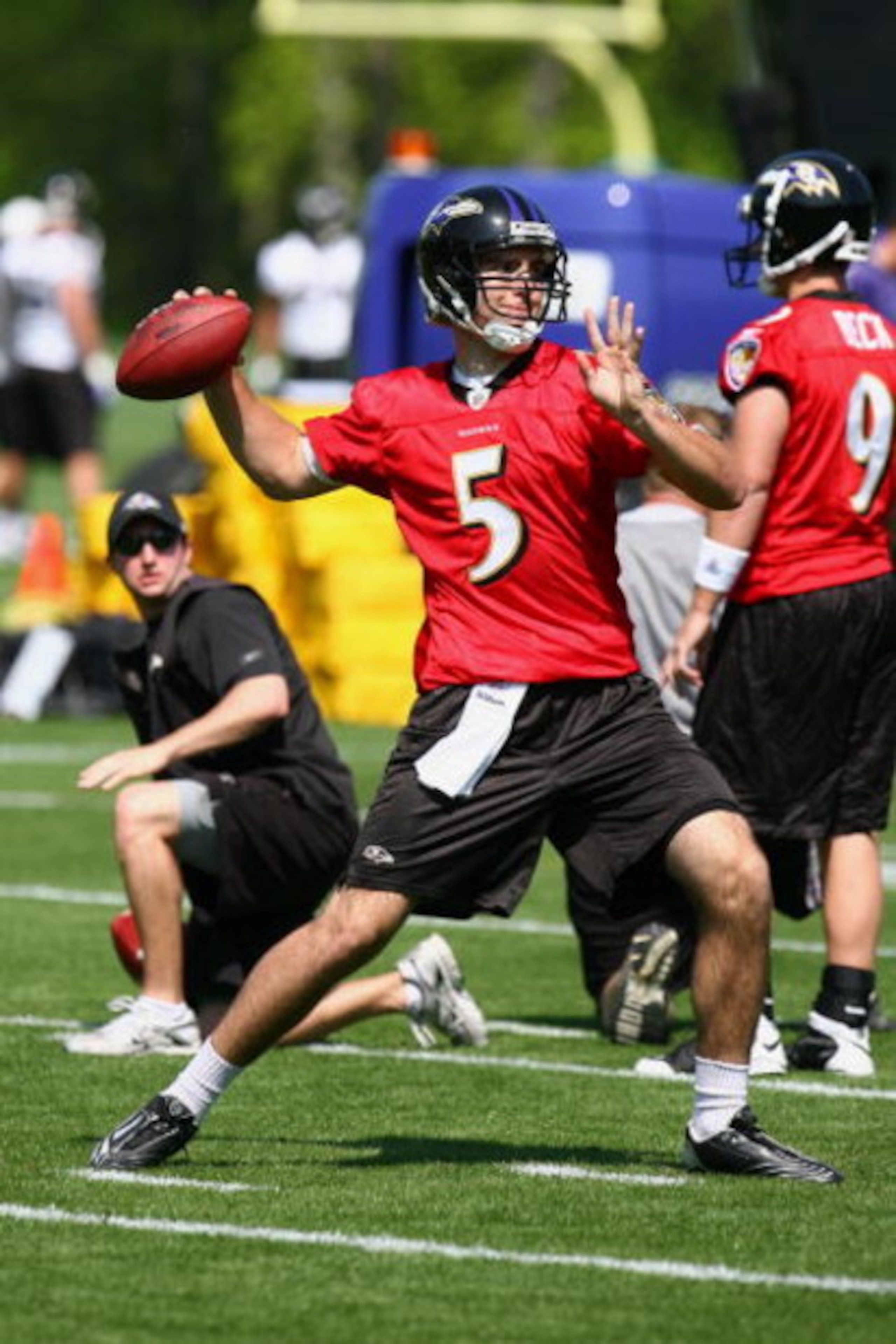 OWINGS MILLS, MARYLAND - MAY 8: Quarterback Joe Flacco #5 of the Baltimore Ravens seen during minicamp at the practice facility on May 8, 2009 in Owings Mills, Maryland. (Photo by Ned Dishman/Getty Images)