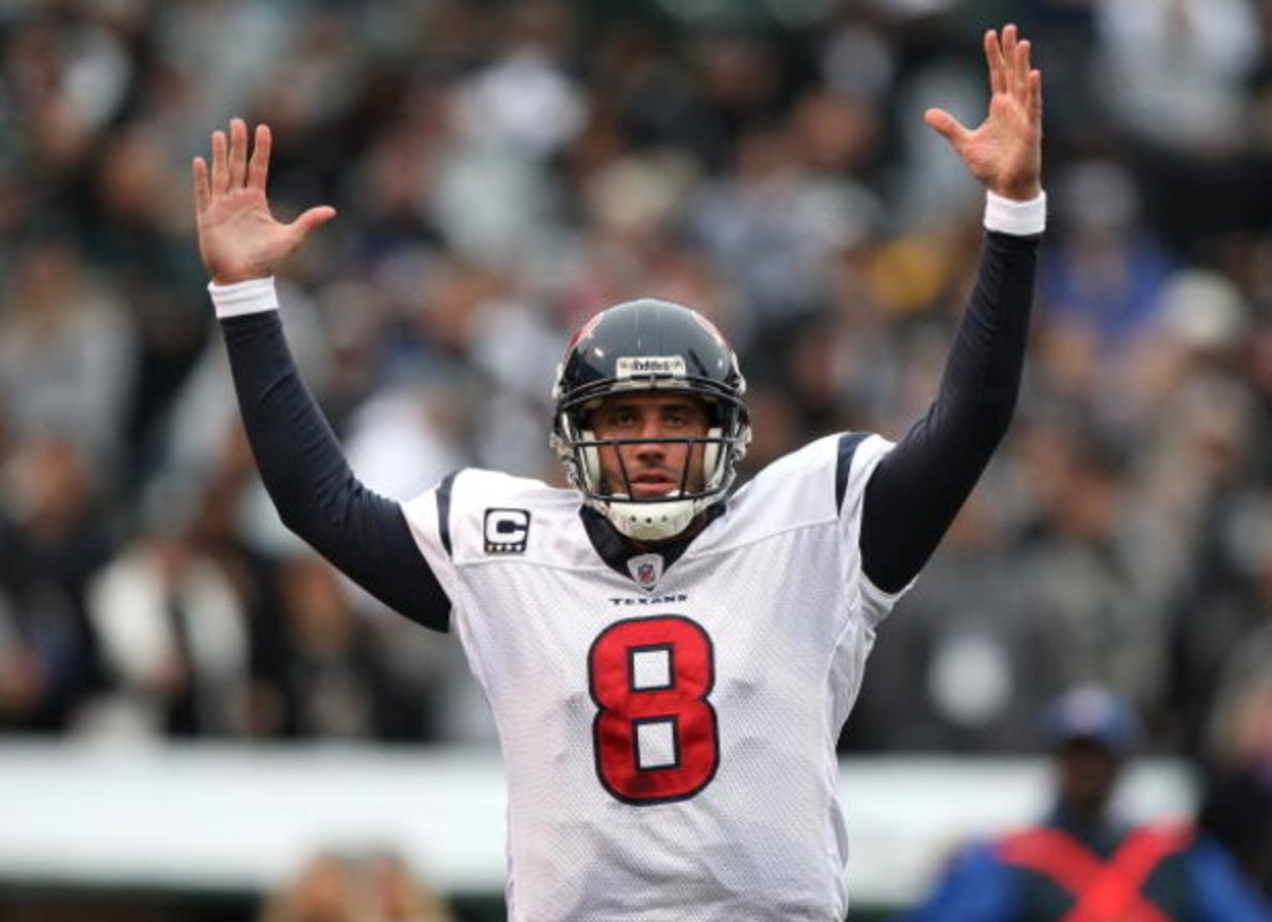 OAKLAND, CA - DECEMBER 21:  Matt Schaub #8 of the Houston Texans celebrates after Vonta Leach scored a touchdown against the Oakland Raiders during an NFL game on December 21, 2008 at the Oakland-Alameda County Coliseum in Oakland, California.  (Photo by 