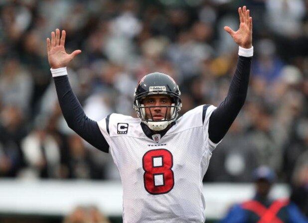 OAKLAND, CA - DECEMBER 21:  Matt Schaub #8 of the Houston Texans celebrates after Vonta Leach scored a touchdown against the Oakland Raiders during an NFL game on December 21, 2008 at the Oakland-Alameda County Coliseum in Oakland, California.  (Photo by 