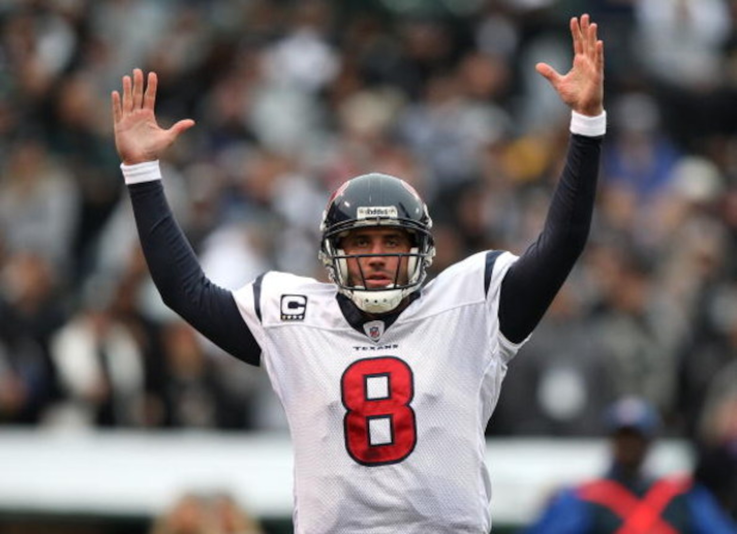 OAKLAND, CA - DECEMBER 21:  Matt Schaub #8 of the Houston Texans celebrates after Vonta Leach scored a touchdown against the Oakland Raiders during an NFL game on December 21, 2008 at the Oakland-Alameda County Coliseum in Oakland, California.  (Photo by 