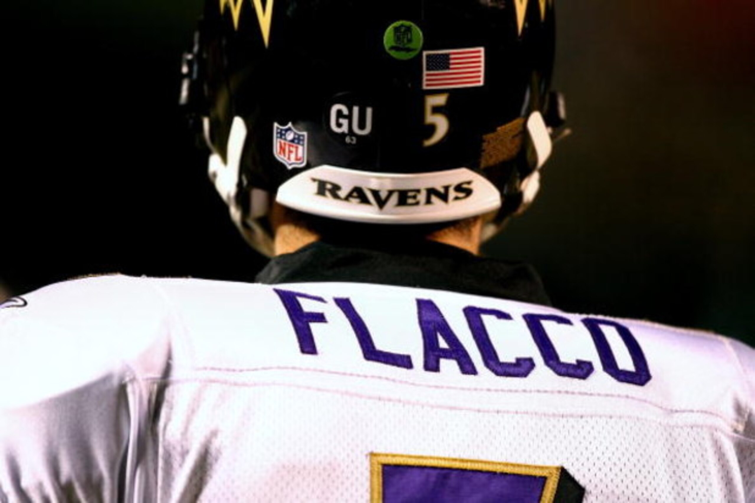 PITTSBURGH - JANUARY 18:  A detail of the back of the jersey worn by Joe Flacco #5 of the Baltimore Ravens against the Pittsburgh Steelers during the AFC Championship game on January 18, 2009 at Heinz Field in Pittsburgh, Pennsylvania. Steelers won 23-14.