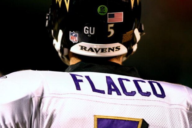 PITTSBURGH - JANUARY 18:  A detail of the back of the jersey worn by Joe Flacco #5 of the Baltimore Ravens against the Pittsburgh Steelers during the AFC Championship game on January 18, 2009 at Heinz Field in Pittsburgh, Pennsylvania. Steelers won 23-14.
