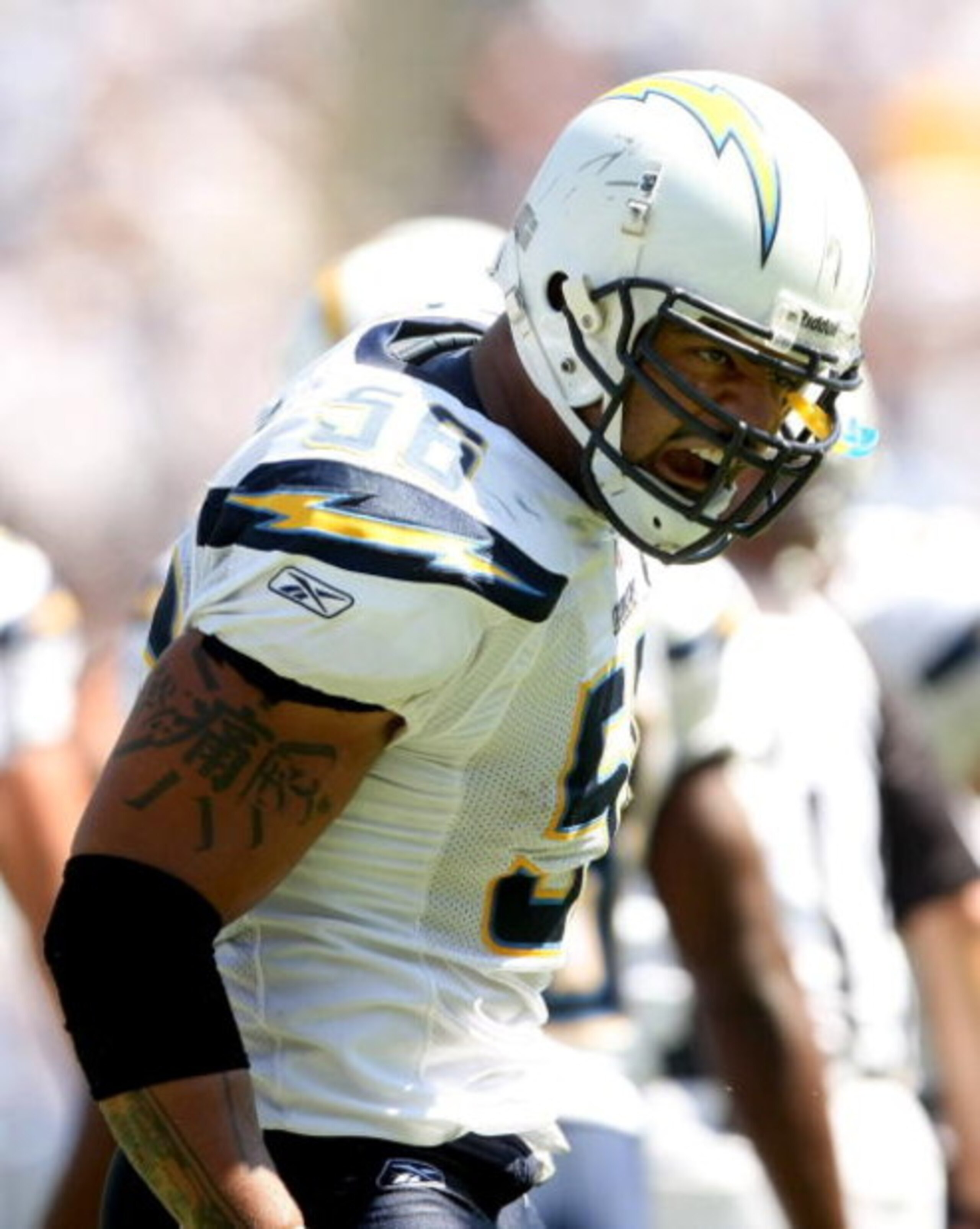 SAN DIEGO - SEPTEMBER 07:  Linebacker Shawne Merriman #56 of the San Diego Chargers exhorts the crowd against the Carolina Panthers on September 7, 2008 at Qualcomm Stadium in San Diego, California. The Panthers won 26-24.  (Photo by Stephen Dunn/Getty Im