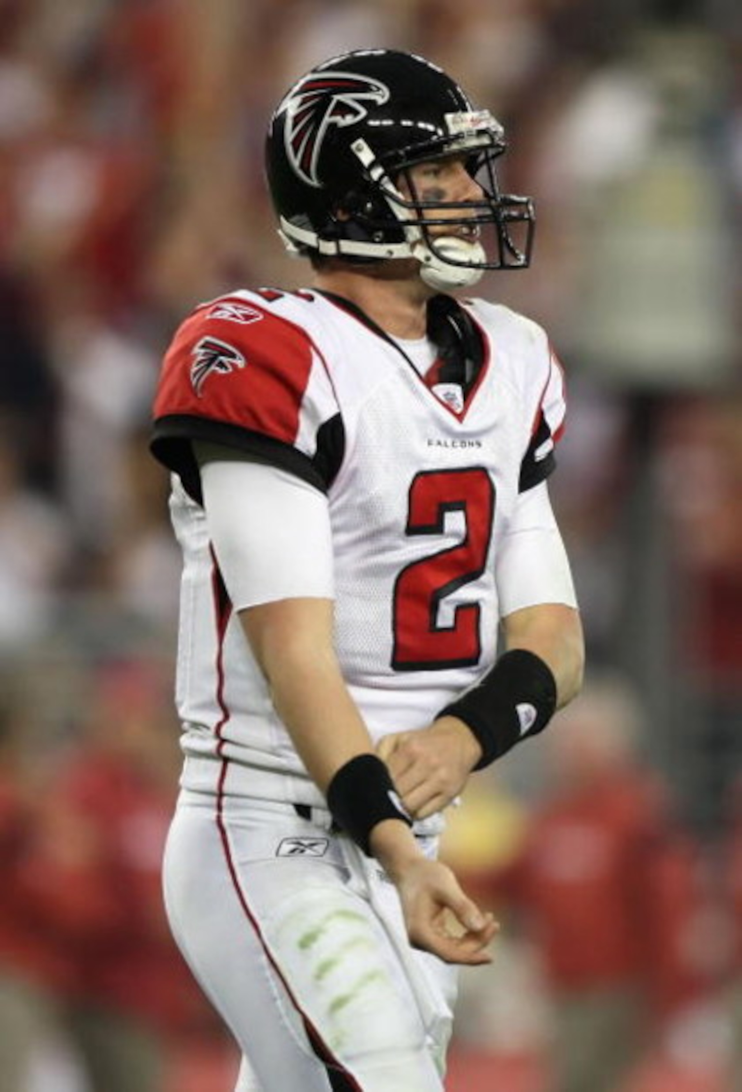 GLENDALE, AZ - JANUARY 03:  Quarterback Matt Ryan #2 of the Atlanta Falcons reacts after throwing an interception in the NFC Wild Card Game against the Arizona Cardinals on January 3, 2009 at University of Phoenix Stadium in Glendale, Arizona. The Cardina