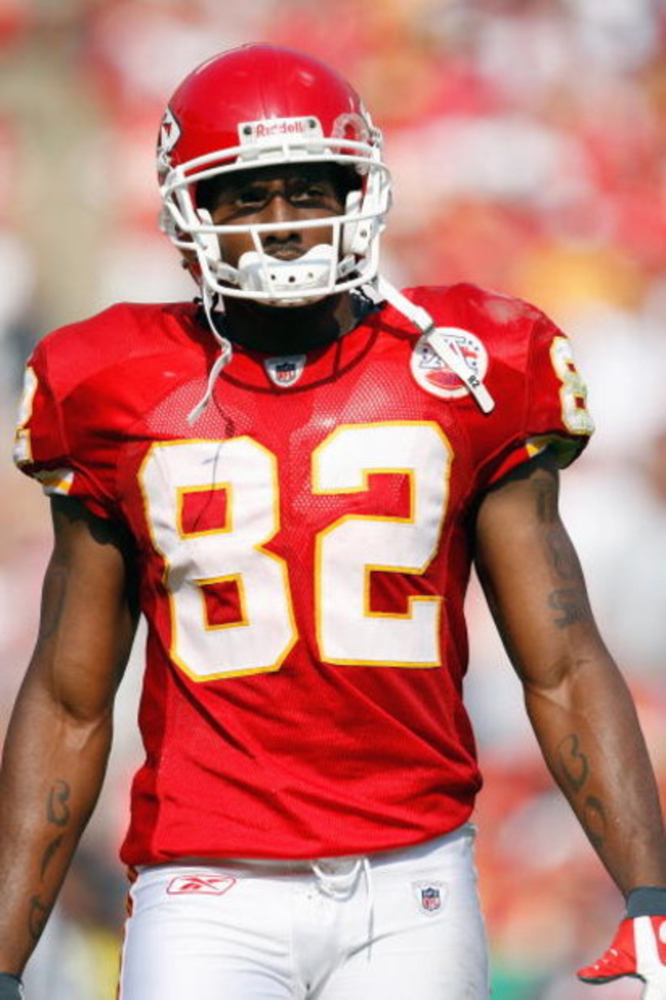 KANSAS CITY - SEPTEMBER 28:  Dwayne Bowe #82 of the Kansas City Chiefs walks on the field during the game against the Denver Broncos on September 28, 2008 at Arrowhead Stadium in Kansas City, Missouri. The Chiefs defeated the Broncos 33-19.  (Photo by: Ja