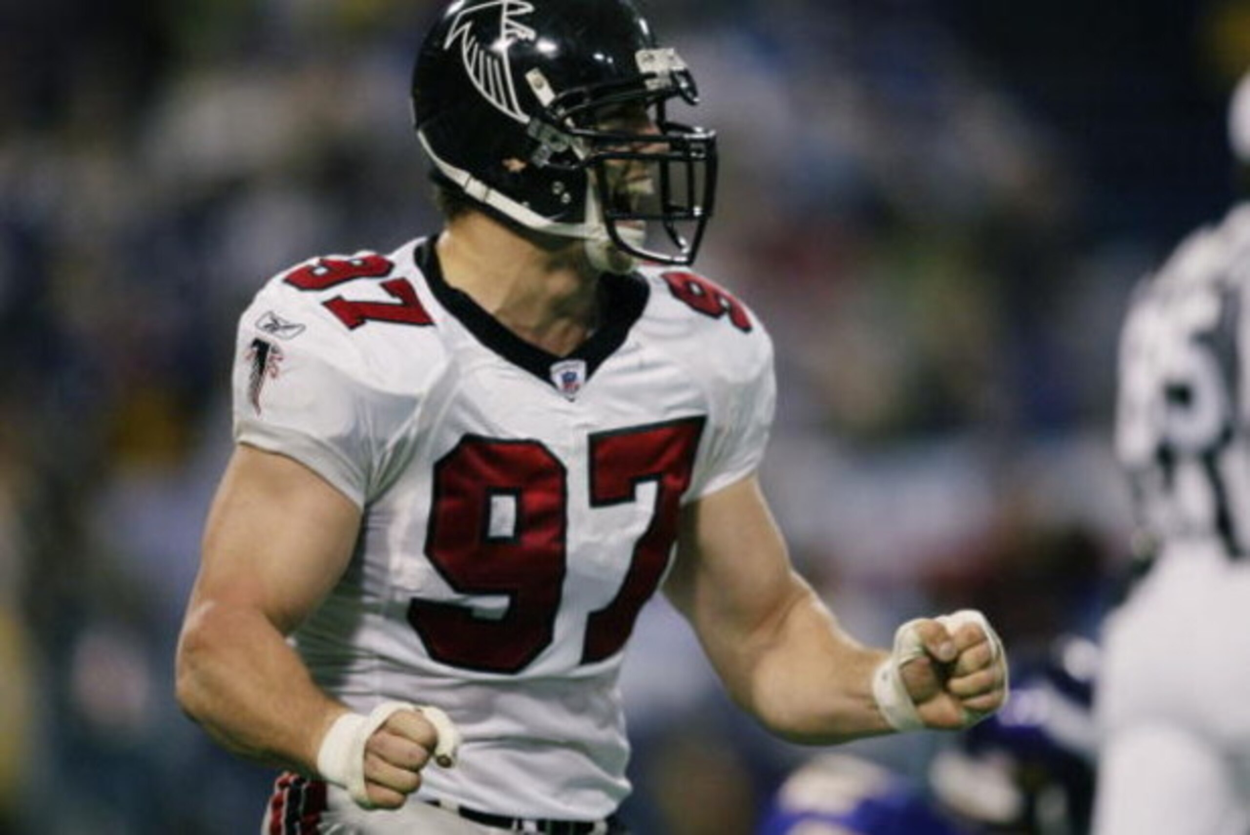 MINNEAPOLIS - DECEMBER 1: Patrick Kerney #97 of the Atlanta Falcons celebrates after he pressured quarterback Daunte Culpepper #11 of the Minnesota Vikings forcing a fourth down on December 1, 2002 at the Hubert H. Humphrey Metrodome in Minneapolis, Minn MINNEAPOLIS - DECEMBER 1: Patrick Kerney #97 of the Atlanta Falcons celebrates after he pressured quarterback Daunte Culpepper #11 of the Minnesota Vikings forcing a fourth down on December 1, 2002 at the Hubert H. Humphrey Metrodome in Minneapolis, Minn