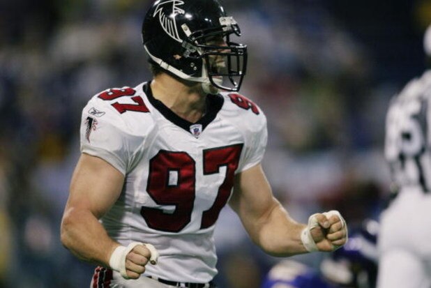 MINNEAPOLIS - DECEMBER 1:  Patrick Kerney #97 of the Atlanta Falcons celebrates after he pressured quarterback Daunte Culpepper #11 of the Minnesota Vikings forcing a fourth down on December 1, 2002 at the Hubert H. Humphrey Metrodome in Minneapolis, Minn