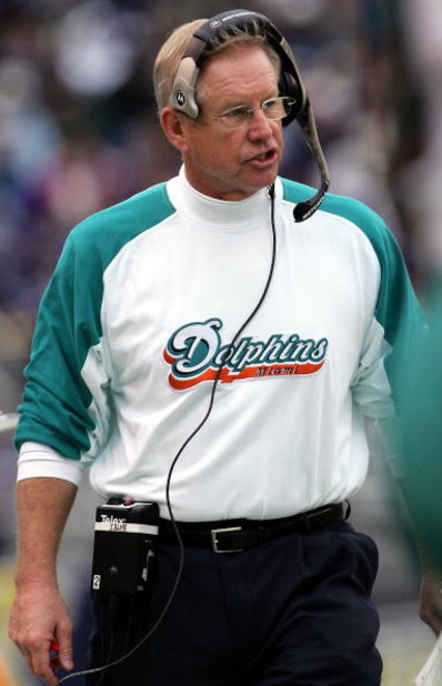 BALTIMORE - JANUARY 2: Head coach Jim Bates of the Miami Dolphins stands on the sideline against the Baltimore Ravens at M&T Bank Stadium on January 2, 2005 in Baltimore, Maryland. (Photo by Doug Pensinger/Getty Images)