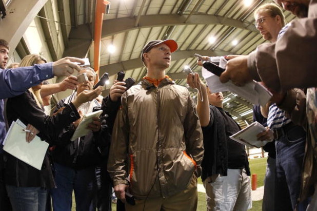 BEREA, OH - MAY 02: Senior vice president and general manager Phil Savage of the Cleveland Browns talks with media after signing a three year contract extension prior to rookie training camp at the Cleveland Browns Training and Administrative Complex on M