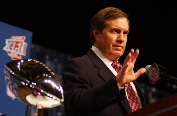 PHOENIX - FEBRUARY 01:  Head coach Bill Belichick of the New England Patriots answers questions during a press conference on February 1, 2008 at the Phoenix Convention Center in Phoenix, Arizona.  (Photo by Elsa/Getty Images)