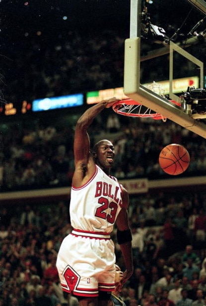 19 May 1998: Michael Jordan #23 of the Chicago Bulls dunks the ball during a Eastern Conference Finals game against the Indiana Pacers at the United Center in Chicago, Illinois. The Bulls defeated the Pacers 104- 98.