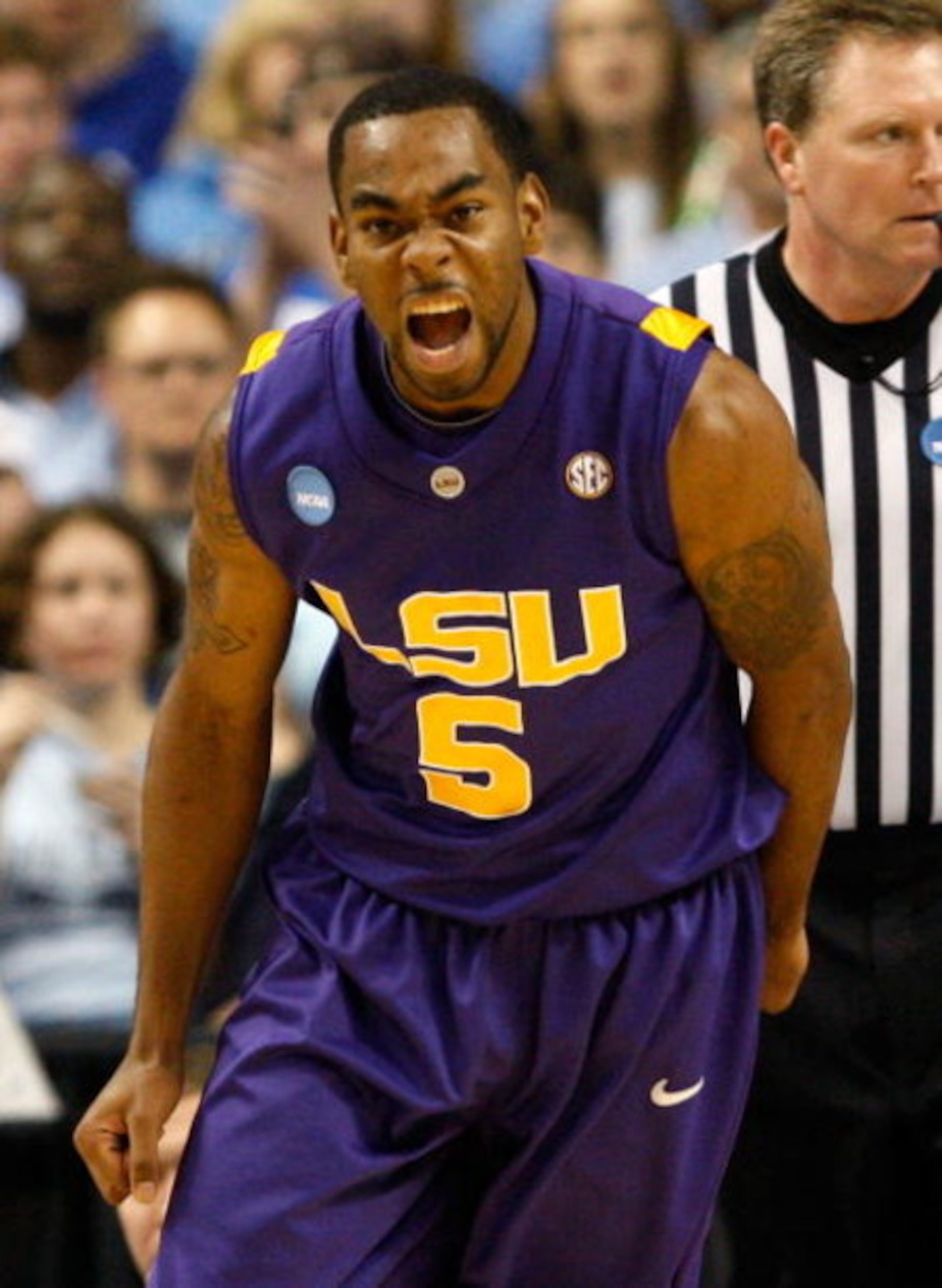 GREENSBORO, NC - MARCH 21:  Marcus Thornton #5 of the Louisiana State University Tigers reacts after a basket against the North Carolina Tar Heels during the second round of the NCAA Division I Men's Basketball Tournament at the Greensboro Coliseum on Mar