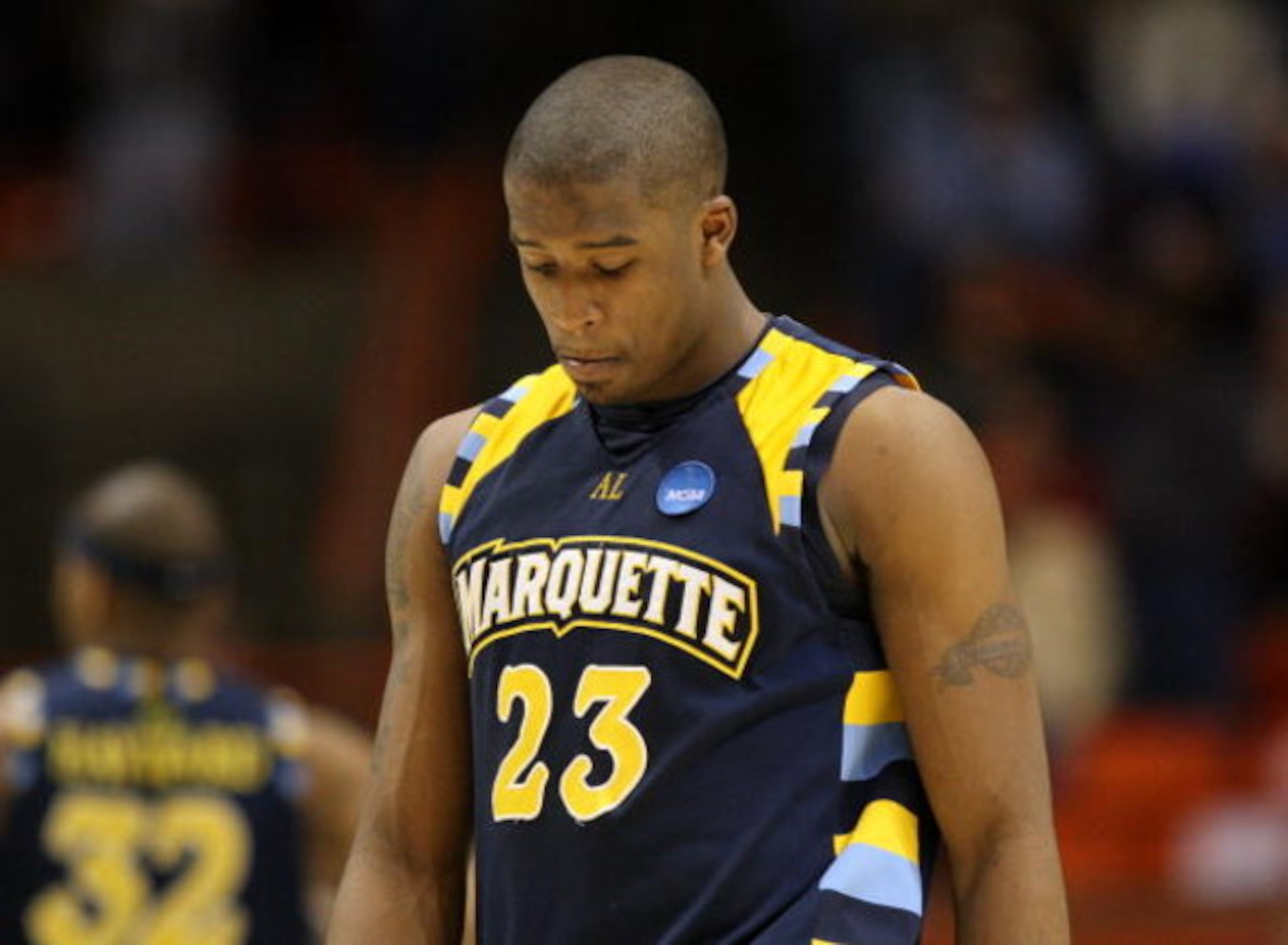 BOISE, ID - MARCH 22:  Forward Wesley Matthews #23 of the Marquette Golden Eagles stands on the court after losing 83-79 to the Missouri Tigers in the second round of the NCAA Division I Men's Basketball Tournament at the Taco Bell Arena on March 22, 2009