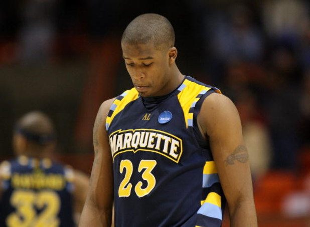 BOISE, ID - MARCH 22:  Forward Wesley Matthews #23 of the Marquette Golden Eagles stands on the court after losing 83-79 to the Missouri Tigers in the second round of the NCAA Division I Men's Basketball Tournament at the Taco Bell Arena on March 22, 2009