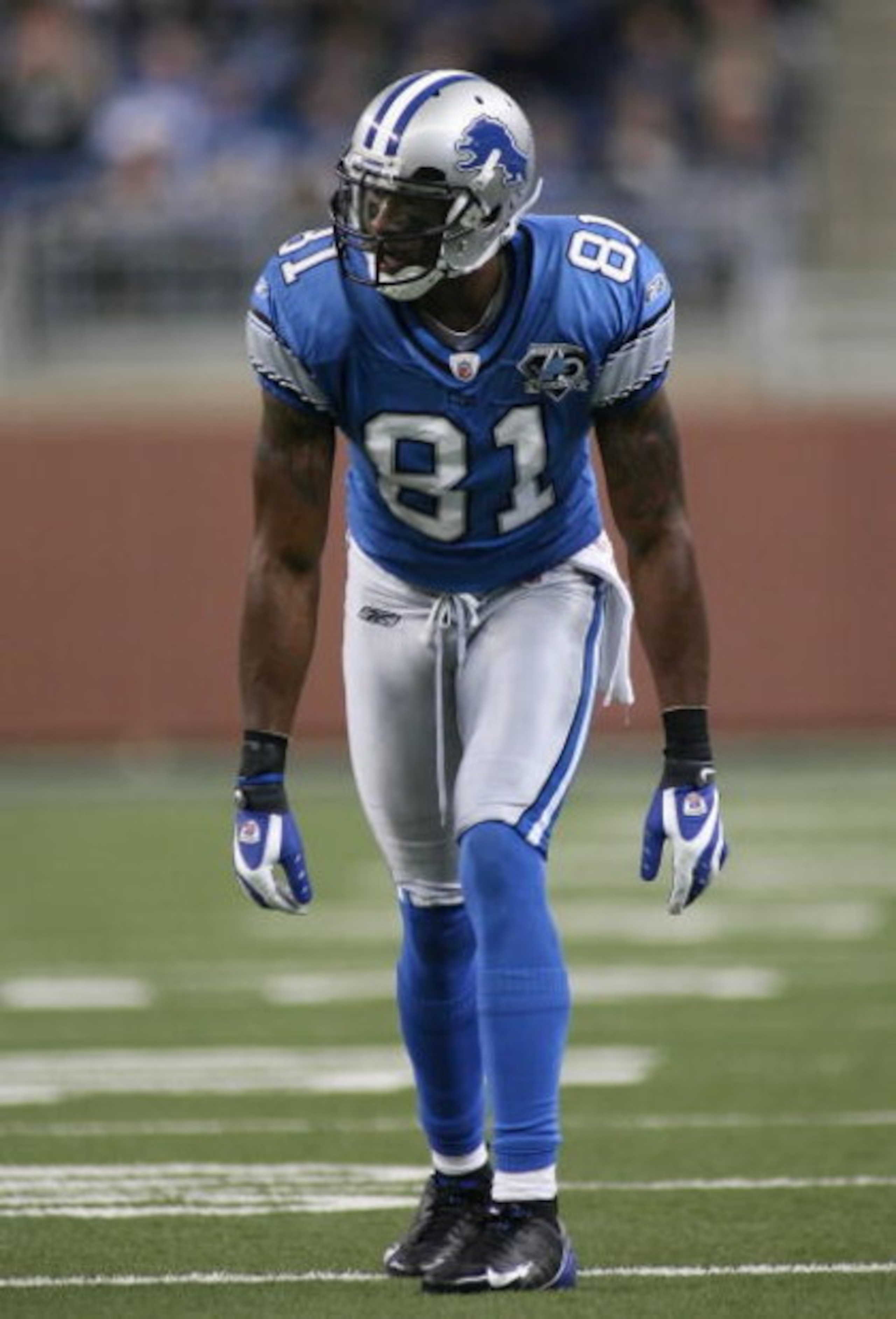 DETROIT - NOVEMBER 23:  Wide receiver Calvin Johnson #84 of the Detroit Lions lines up during the NFL game against the Tampa Bay Buccaneers at Ford Field on November 23, 2008 in Detroit, Michigan.  The Buccaneers defeated the Lions 38-20.  (Photo by Chris
