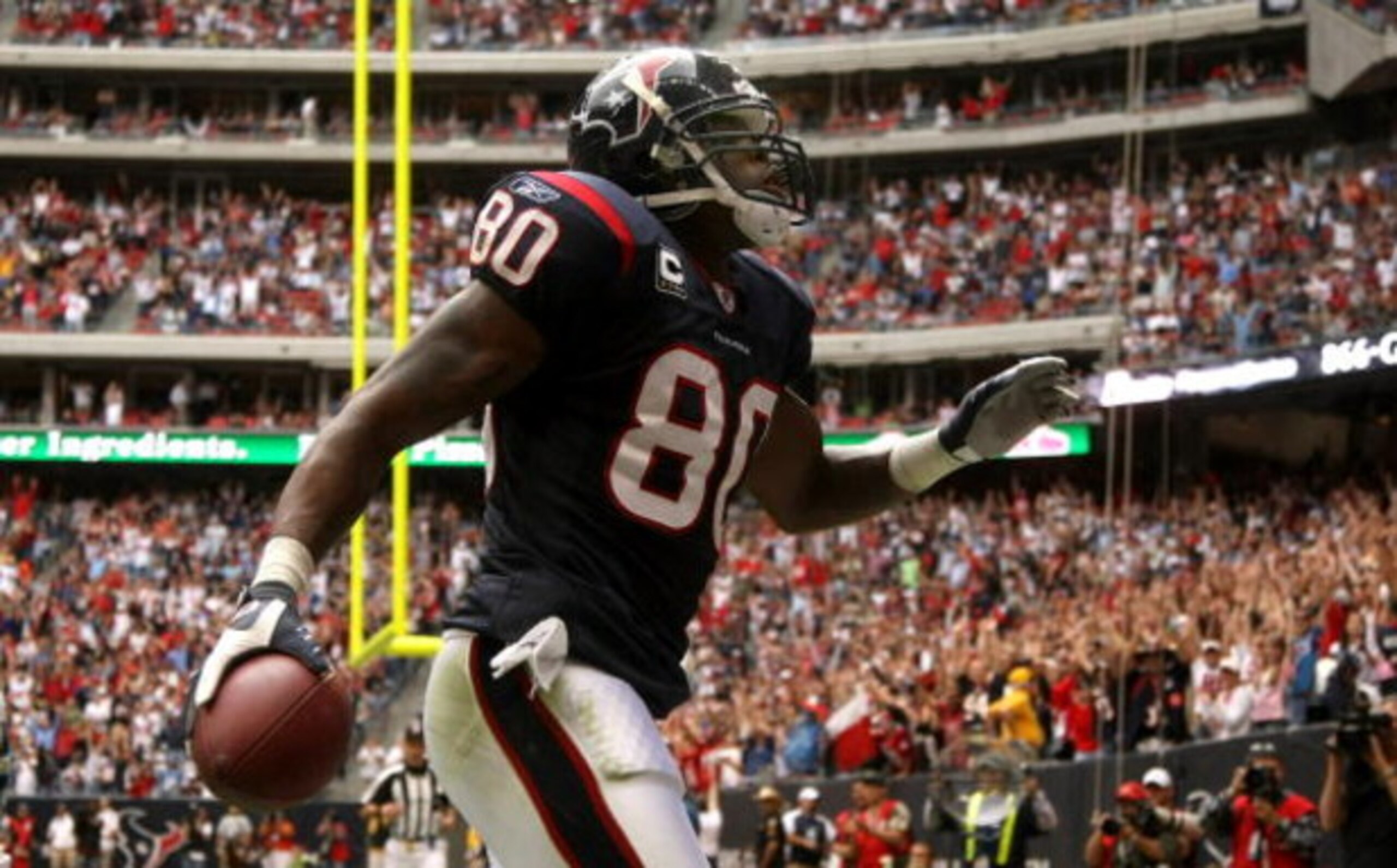 HOUSTON - DECEMBER 14:  Wide receiver Andre Johnson #80 of the Houston Texans celebrates after making a touchdown catch against the Tennessee Titans on December 14, 2008 at Reliant Stadium in Houston, Texas.  (Photo by Stephen Dunn/Getty Images)