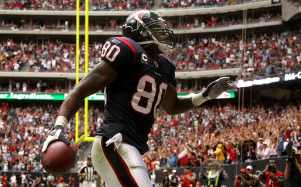 HOUSTON - DECEMBER 14:  Wide receiver Andre Johnson #80 of the Houston Texans celebrates after making a touchdown catch against the Tennessee Titans on December 14, 2008 at Reliant Stadium in Houston, Texas.  (Photo by Stephen Dunn/Getty Images)