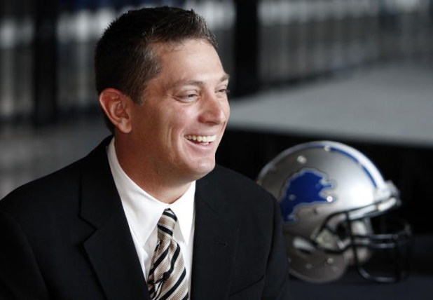DETROIT , MI - JANUARY 16:  Jim Schwartz head coach of the Detroit Lions talks with the media after press conference to introduce him as the Lions new head coach on January 16, 2009 at Ford Field in Detroit, Michigan.  (Photo by Gregory Shamus/Getty Image
