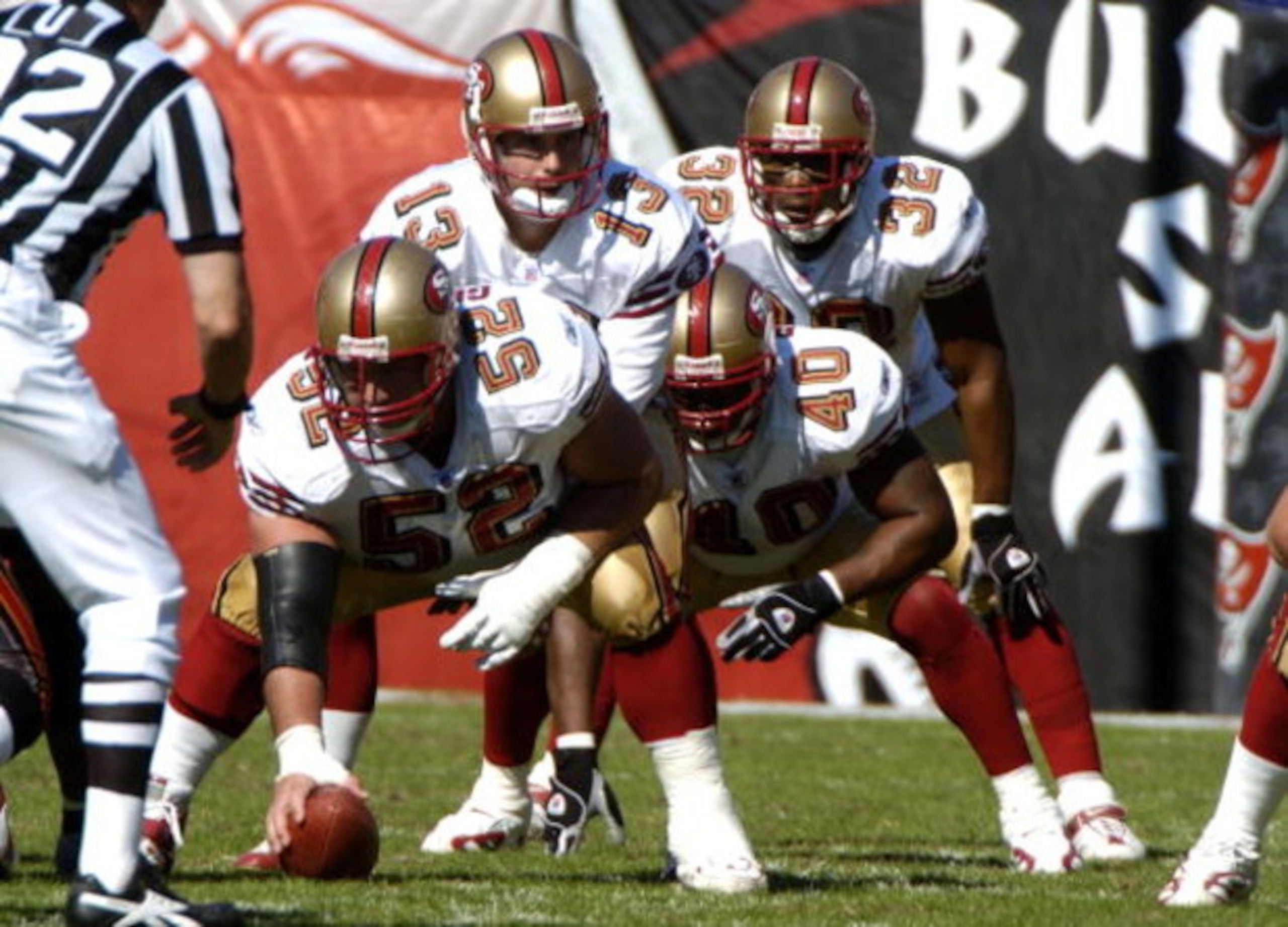 San Francisco 49ers  quarterback Tim Rattay lines up behind center Jeremy Newberry  at Raymond James Stadium in Tampa, Florida November 21, 2004.  The Tampa Bay Buccaneers defeated the 49ers 35 to 3.  (Photo by Al Messerschmidt/Getty Images)
