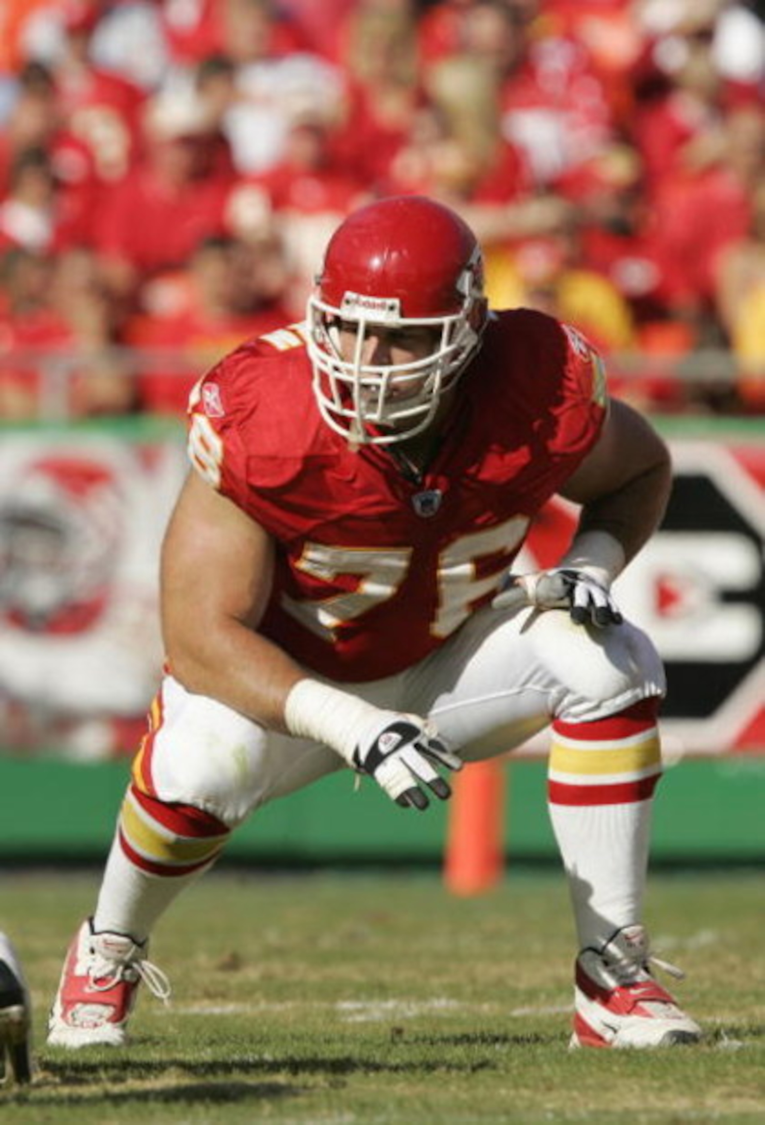 KANSAS CITY, MO - NOVEMBER 6:  John Welbourn #76 of the Kansas City Chiefs gets ready for the snap during the game agianst the Oakland Raiders on November 6, 2005 at Arrowhead Stadium in Kansas City, Missouri.  The Chiefs won 27-23. (Photo by Brian Bahr/G