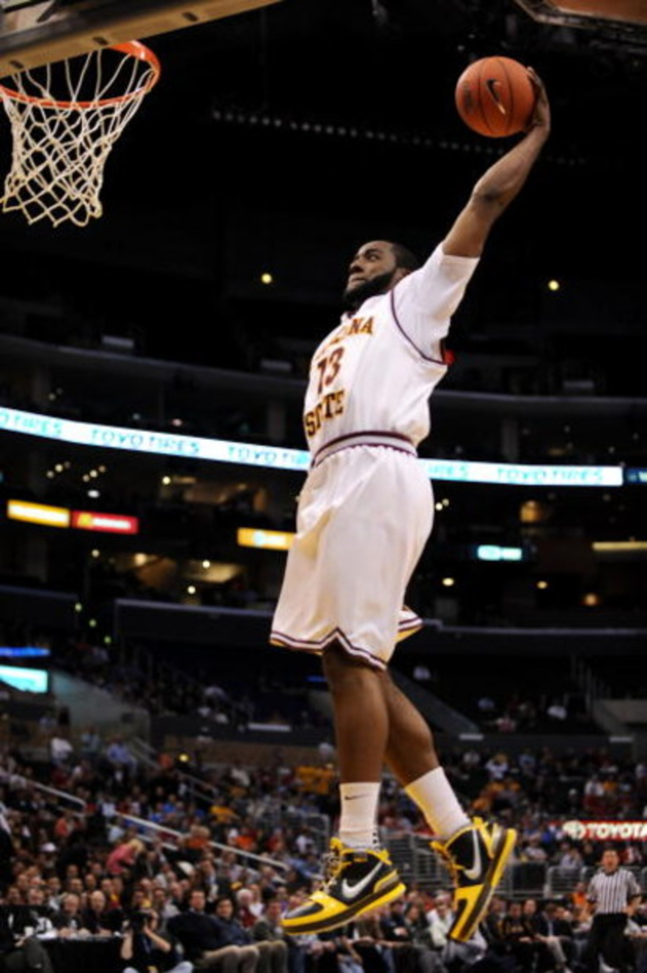 LOS ANGELES, CA - MARCH 12: Guard James Harden #13 of the Arizona State Sun Devils goes up for a dunk against the Arizona Wildcats during the Pacific Life Pac-10 Men's Basketball Tournament at the Staples Center on March 12, 2009 in Los Angeles, Californ LOS ANGELES, CA - MARCH 12: Guard James Harden #13 of the Arizona State Sun Devils goes up for a dunk against the Arizona Wildcats during the Pacific Life Pac-10 Men's Basketball Tournament at the Staples Center on March 12, 2009 in Los Angeles, Californ