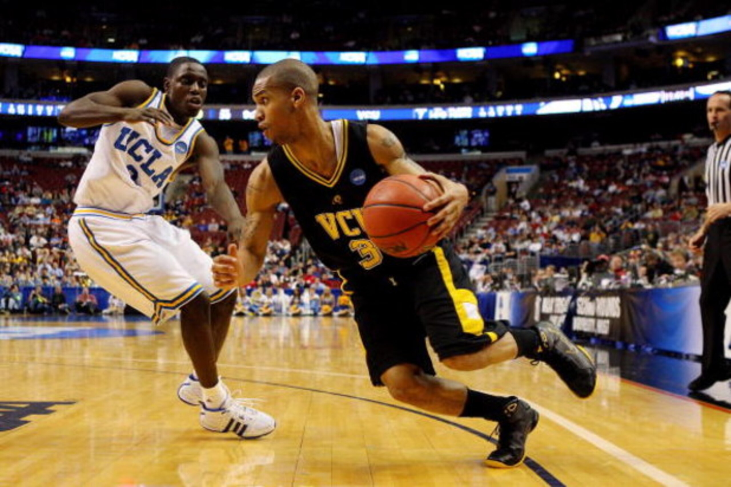 PHILADELPHIA - MARCH 19: Eric Maynor #3 of the VCU Rams drives against Darren Collison #2 of the UCLA Bruins during the first round of the NCAA Division I Men's Basketball Tournament at the Wachovia Center on March 19, 2009 in Philadelphia, Pennsylvania. PHILADELPHIA - MARCH 19: Eric Maynor #3 of the VCU Rams drives against Darren Collison #2 of the UCLA Bruins during the first round of the NCAA Division I Men's Basketball Tournament at the Wachovia Center on March 19, 2009 in Philadelphia, Pennsylvania.