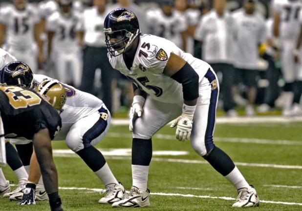 Baltimore Ravens tackle Jonathan Ogden sets to block during a pre-season game against the New Orleans Saints August 26, 2005 in New Orleans. (Photo by Al Messerschmidt/Getty Images) Baltimore Ravens tackle Jonathan Ogden sets to block during a pre-season game against the New Orleans Saints August 26, 2005 in New Orleans. (Photo by Al Messerschmidt/Getty Images)