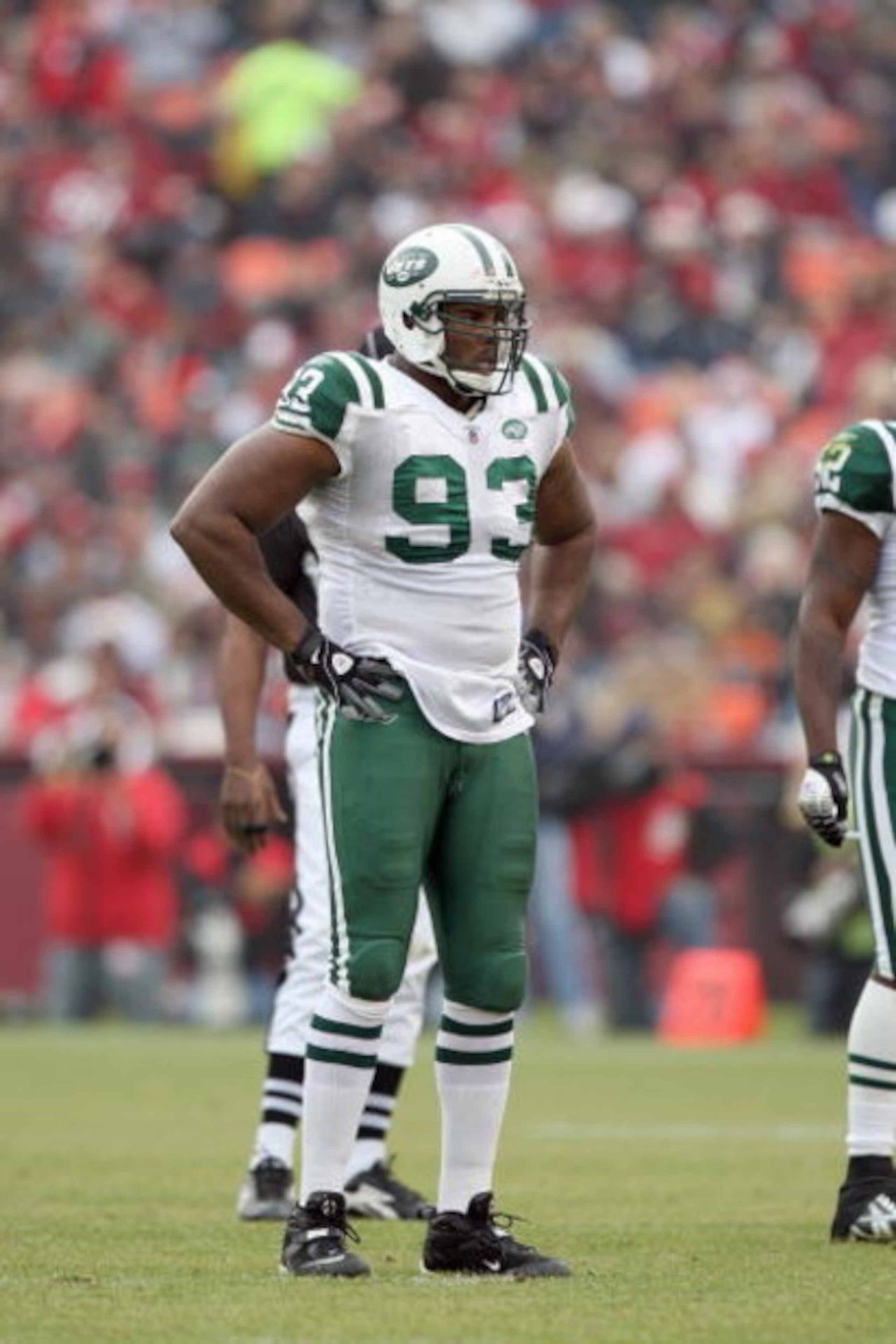 SAN FRANCISCO - DECEMBER 07:  Kenyon Coleman #93 of the New York Jets stands on the field against the San Francisco 49ers during an NFL game on December 7, 2008 at Candlestick Park in San Francisco, California. (Photo by Jed Jacobsohn/Getty Images)