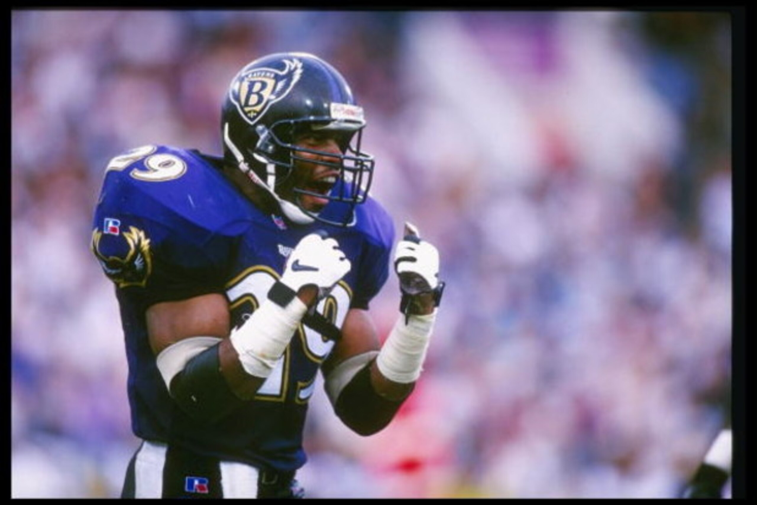 27 Oct 1996:  Safety Eric Turner of the Baltimore Ravens celebrates during a game against the St. Louis Rams at Memorial Stadium in Baltimore, Maryland.  The Ravens won the game 37-31. Mandatory Credit: Al Bello  /Allsport