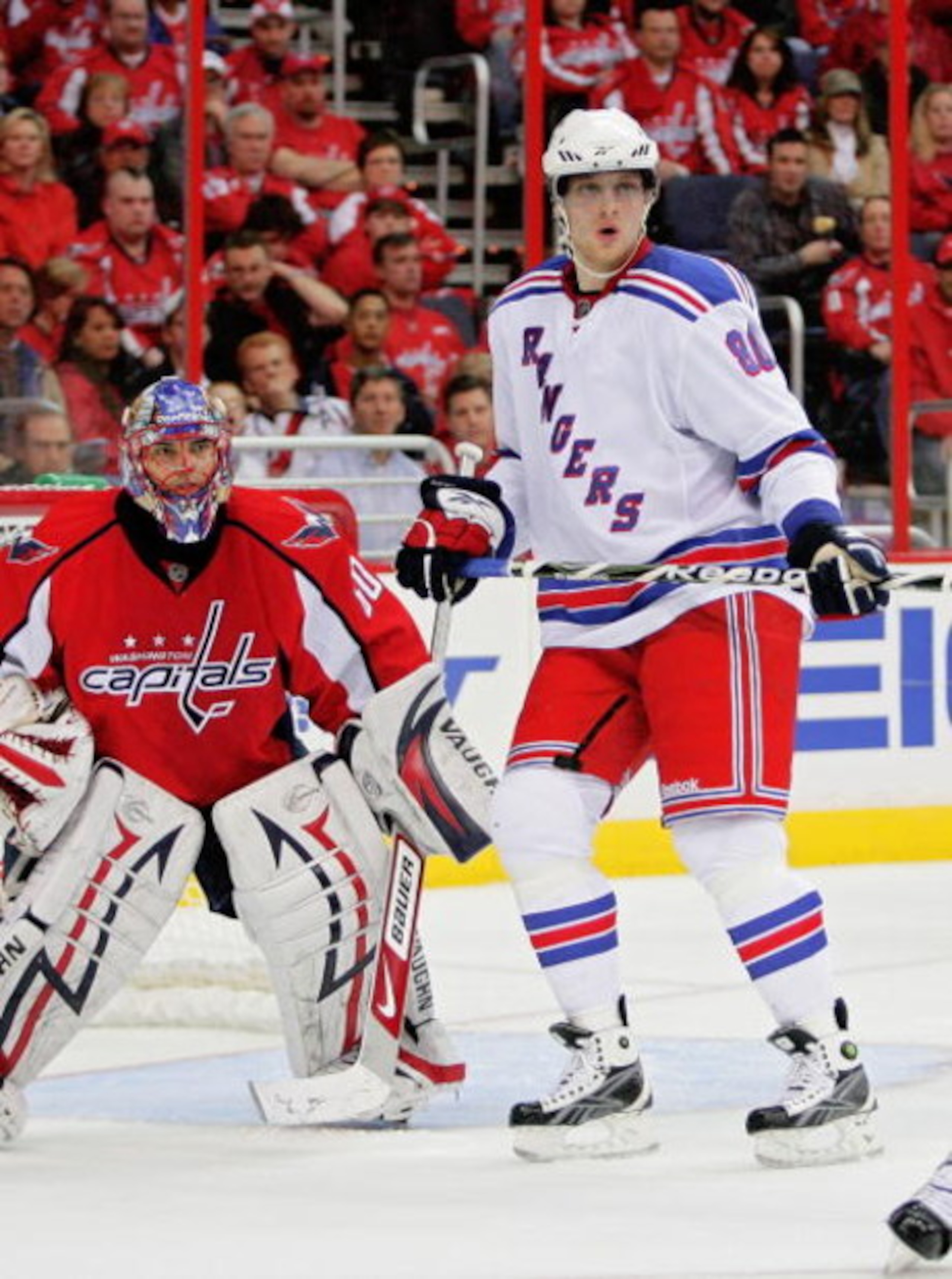 WASHINGTON - APRIL 15: Nik Antropov #80 of the New York Rangers sets up a second period goal against Jose Theodore #60 of the Washington Capitals during Game One of the Eastern Conference Quarterfinals of the 2009 NHL Stanley Cup Playoffs on April 15, 20 WASHINGTON - APRIL 15: Nik Antropov #80 of the New York Rangers sets up a second period goal against Jose Theodore #60 of the Washington Capitals during Game One of the Eastern Conference Quarterfinals of the 2009 NHL Stanley Cup Playoffs on April 15, 20