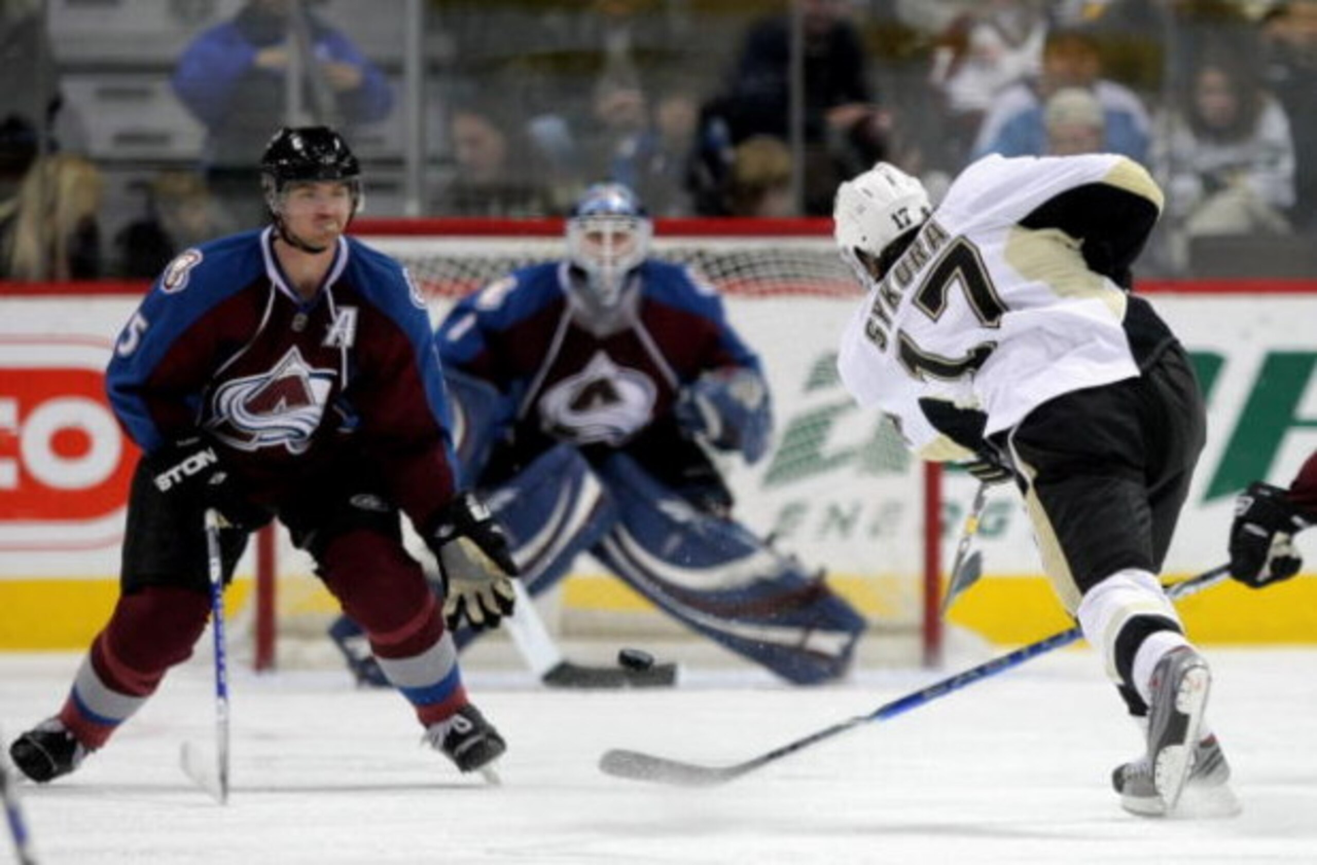 DENVER - JANUARY 10: Petr Sykora #17 of the Pittsburgh Penguins takes a shot past Brett Clark #5 as goaltender Andrew Raycroft #1 the Colorado Avalanche defends the goal during NHL action at the Pepsi Center on January 10, 2009 in Denver, Colorado. The A DENVER - JANUARY 10: Petr Sykora #17 of the Pittsburgh Penguins takes a shot past Brett Clark #5 as goaltender Andrew Raycroft #1 the Colorado Avalanche defends the goal during NHL action at the Pepsi Center on January 10, 2009 in Denver, Colorado. The A