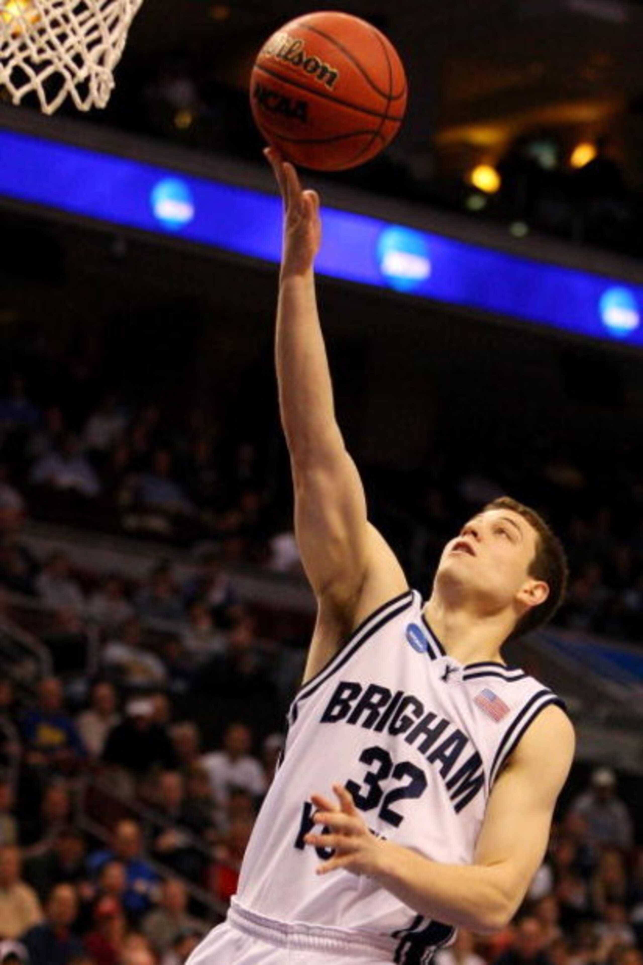 PHILADELPHIA - MARCH 19:  Jimmer Fredette #32 of the Brigham Young Cougars shoots against the Texas A&M Aggies during the first round of the NCAA Division I Men's Basketball Tournament at the Wachovia Center on March 19, 2009 in Philadelphia, Pennsylvania