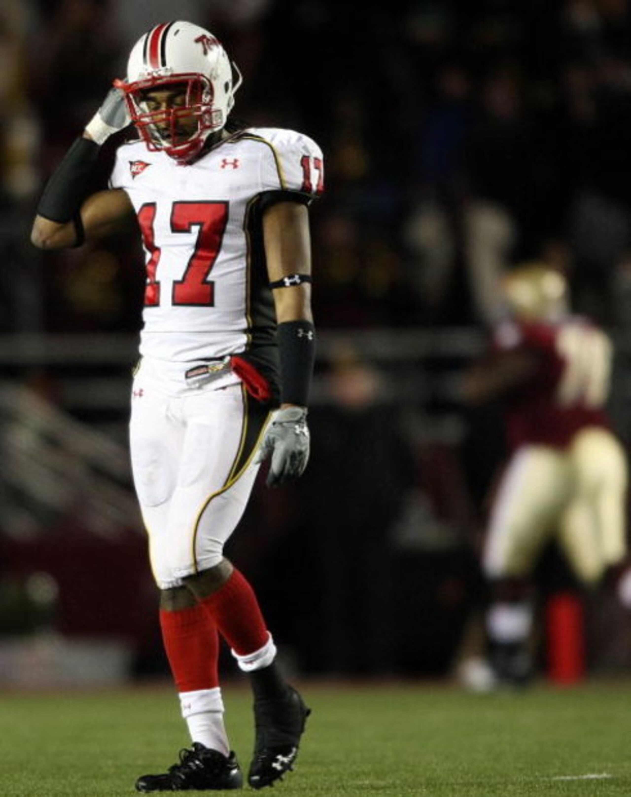 CHESTNUT HILL, MA - NOVEMBER 29:  Danny Oquendo #17 of the Maryland Terrapins walks off the field late in the fourth quarter against the Boston College Eagles on November 29, 2008 at Alumni Stadium in Chestnut Hill, Massachusetts. Boston College defeated 