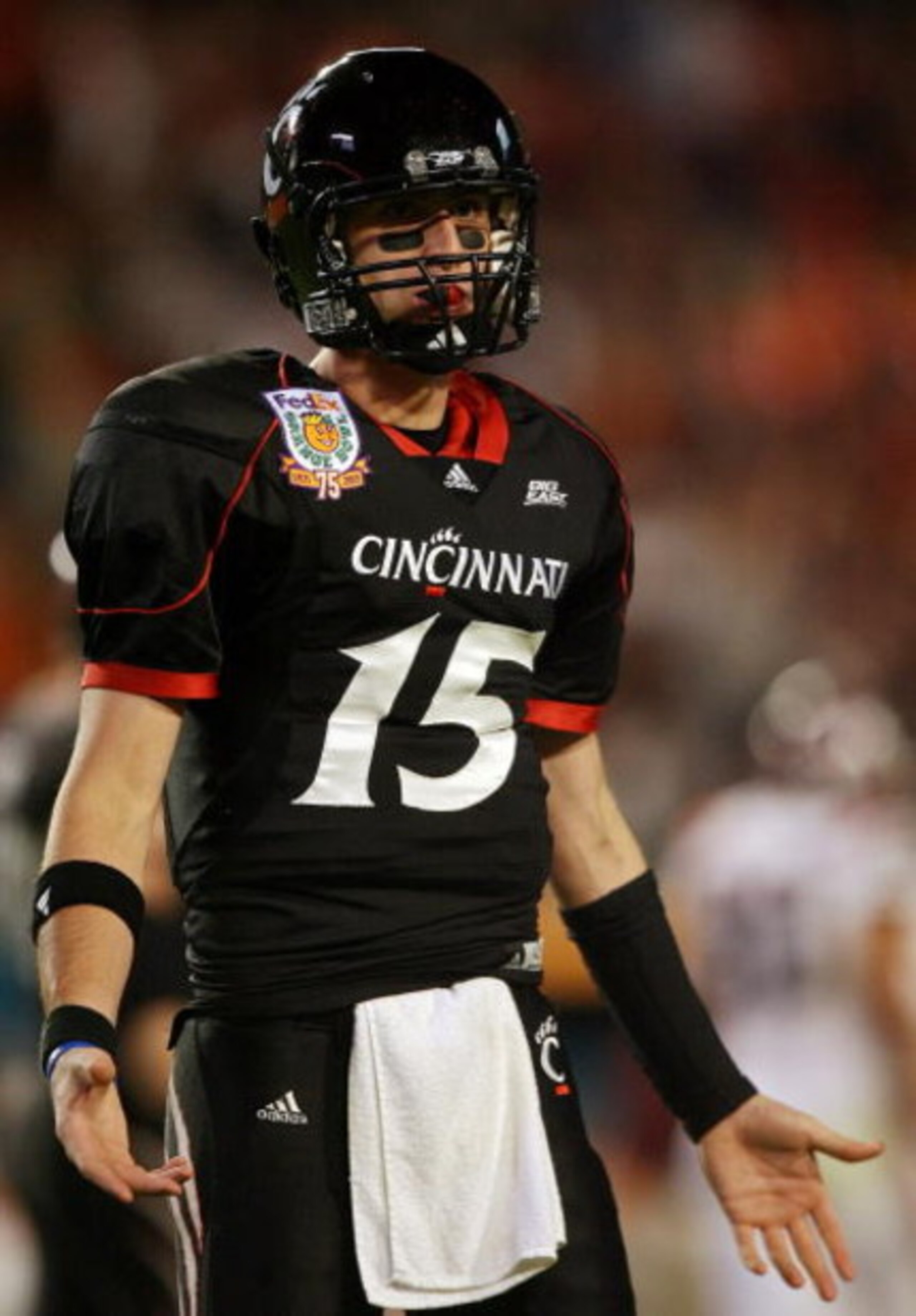 MIAMI - JANUARY 01:  Tony Pike #15 of the Cincinnati Bearcats looks on against the Virginia Tech Hokies during the FedEx Orange Bowl at Dolphin Stadium on January 1, 2009 in Miami, Florida.  (Photo by Doug Benc/Getty Images)