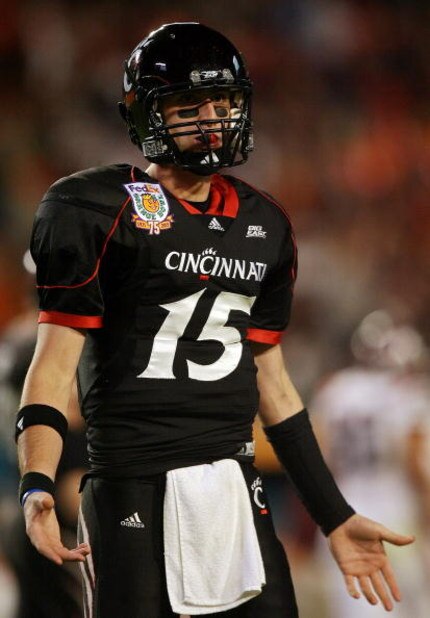 MIAMI - JANUARY 01:  Tony Pike #15 of the Cincinnati Bearcats looks on against the Virginia Tech Hokies during the FedEx Orange Bowl at Dolphin Stadium on January 1, 2009 in Miami, Florida.  (Photo by Doug Benc/Getty Images)