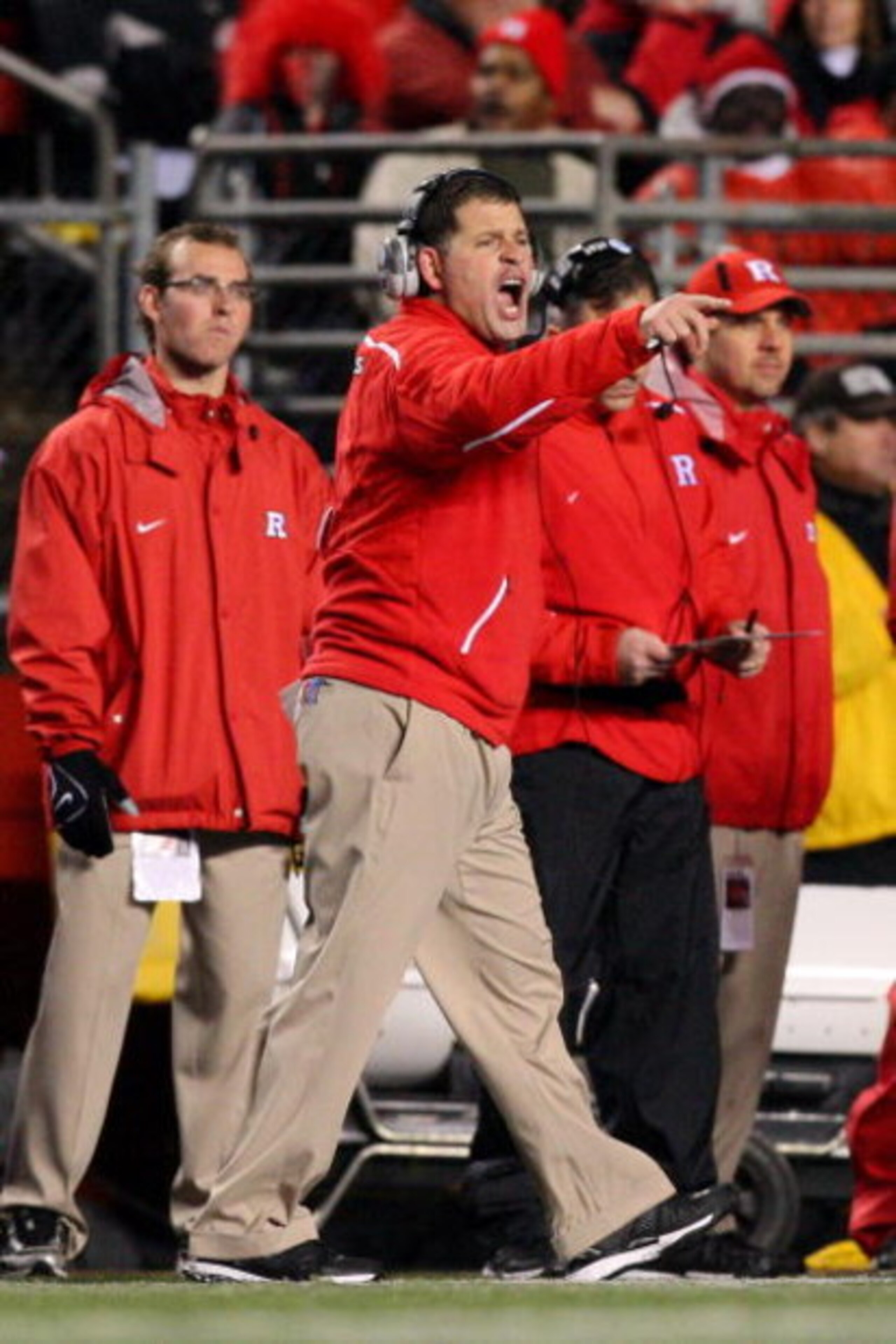 PISCATAWAY, NJ - DECEMBER 04:  Greg Schiano head coach of the Rutgers Scarlet Knights shouts from the sidelines against the Louisville Cardinals at Rutgers Stadium on December 4, 2008 in Piscataway, New Jersey.  (Photo by Jim McIsaac/Getty Images)