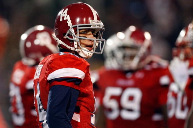 MOBILE, AL - JANUARY 24:  John Parker Wilson #14 of the South Team looks on during the game against the North Team during the Under Armour Senior Bowl on January 24, 2009 at Ladd-Peebles Stadium in Mobile, Alabama.  (Photo by Chris Graythen/Getty Images f