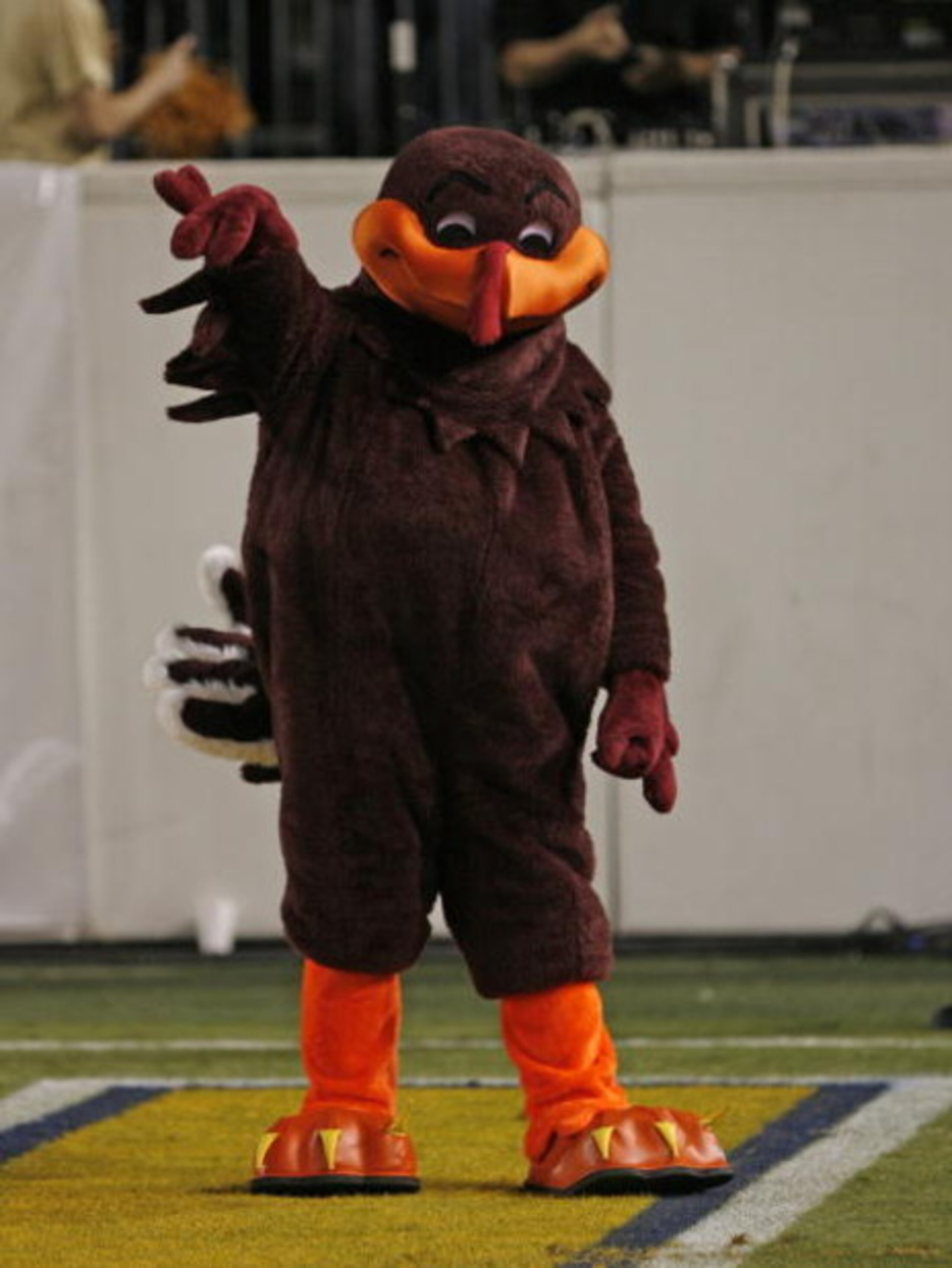 ATLANTA - NOVEMBER 1: The Virginia Tech Hokie mascot rallies the Hokie fans at the game between the Georgia Tech Yellow Jackets and the Virginia Tech Hokies on November 1, 2007 at Bobby Dodd Stadium at Historic Grant Field in Atlanta, Georgia.  The Hokies