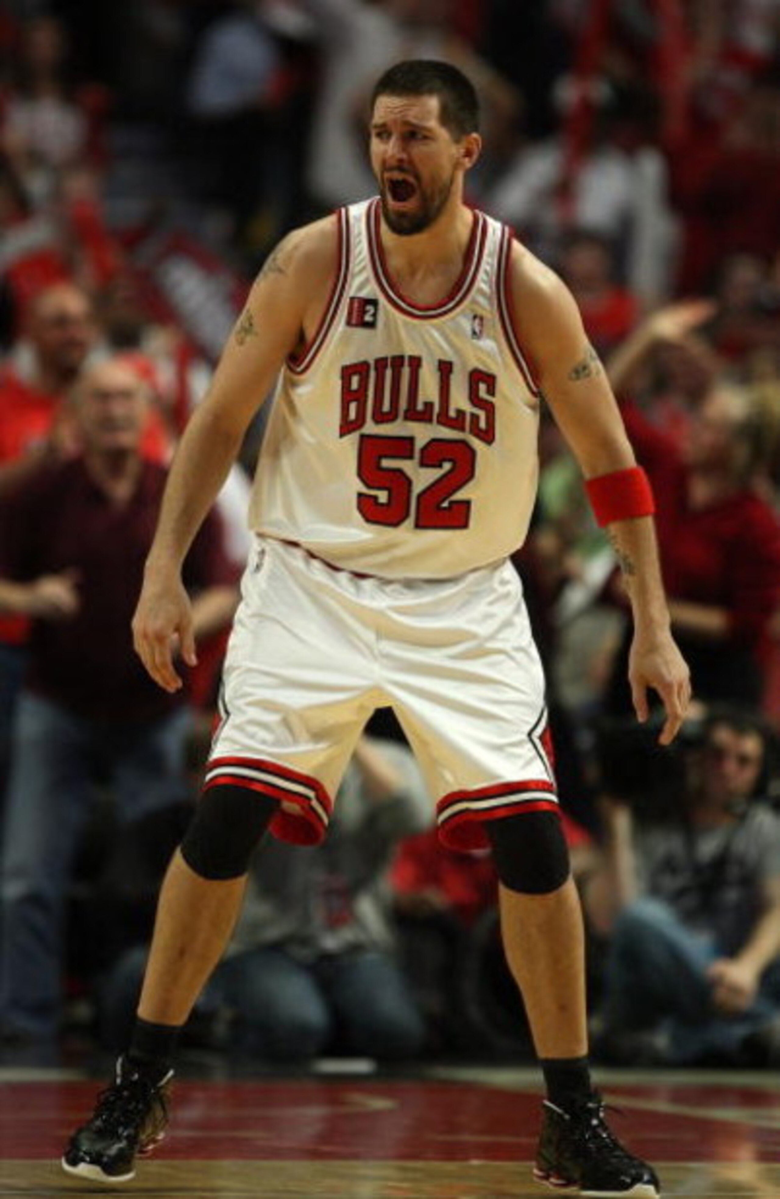 CHICAGO - APRIL 30: Brad Miller #52 of the Chicago Bulls yells at teammates in Game Six of the Eastern Conference Quarterfinals during the 2009 NBA Playoffs against the Boston Celtics at the United Center on April 30, 2009 in Chicago, Illinois. The Bulls 