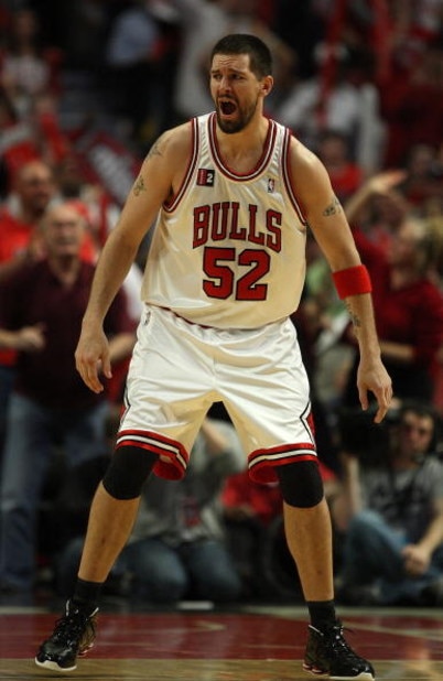 CHICAGO - APRIL 30: Brad Miller #52 of the Chicago Bulls yells at teammates in Game Six of the Eastern Conference Quarterfinals during the 2009 NBA Playoffs against the Boston Celtics at the United Center on April 30, 2009 in Chicago, Illinois. The Bulls 