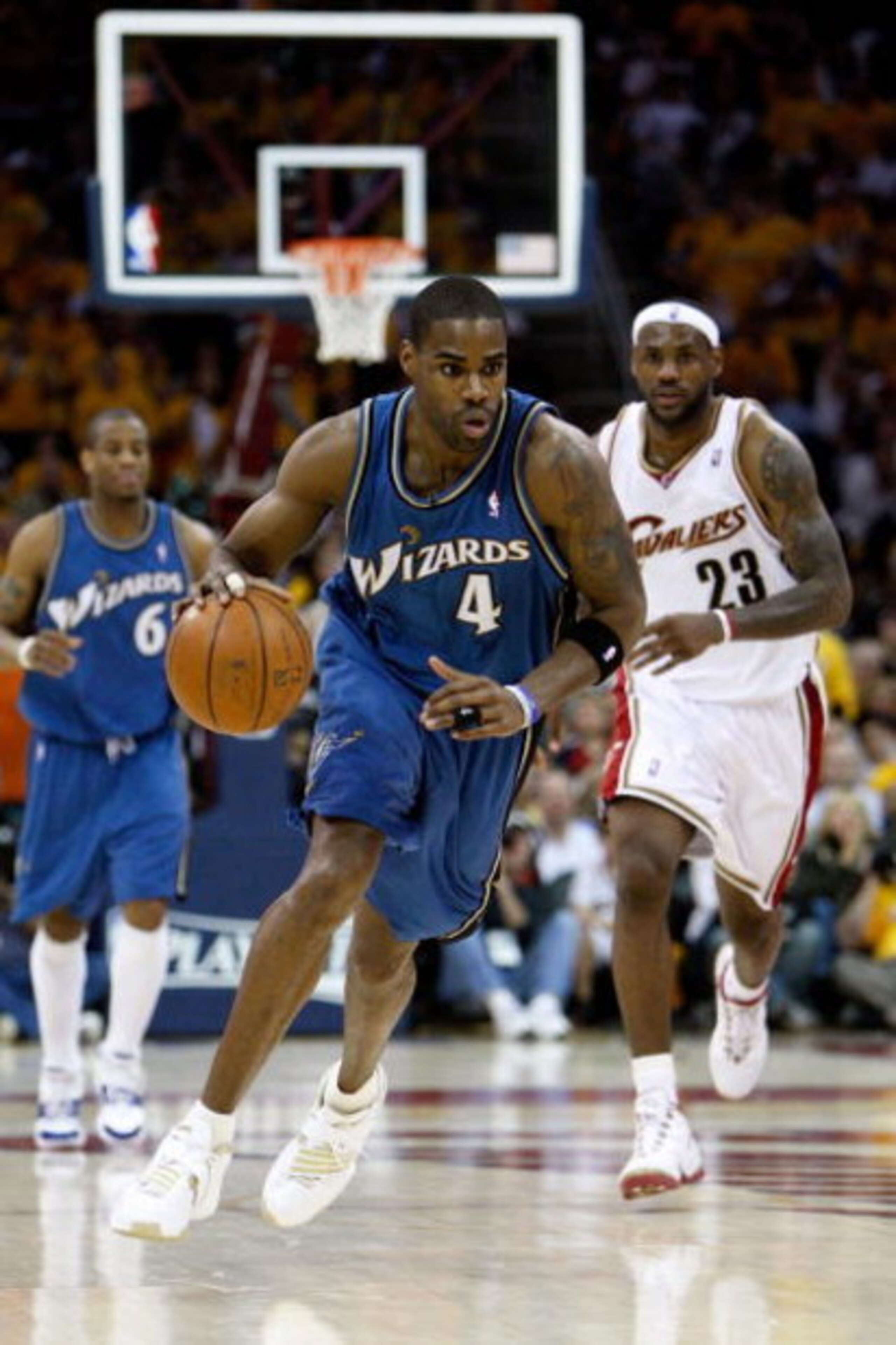 CLEVELAND - APRIL 30:  Antawn Jamison #4 of the Washington Wizards brings the ball upcourt followed by LeBron James #23 of the Cleveland Cavaliers in Game Five of the Eastern Conference Quarterfinals during the 2008 NBA Playoffs at Quicken Loans Arena on 