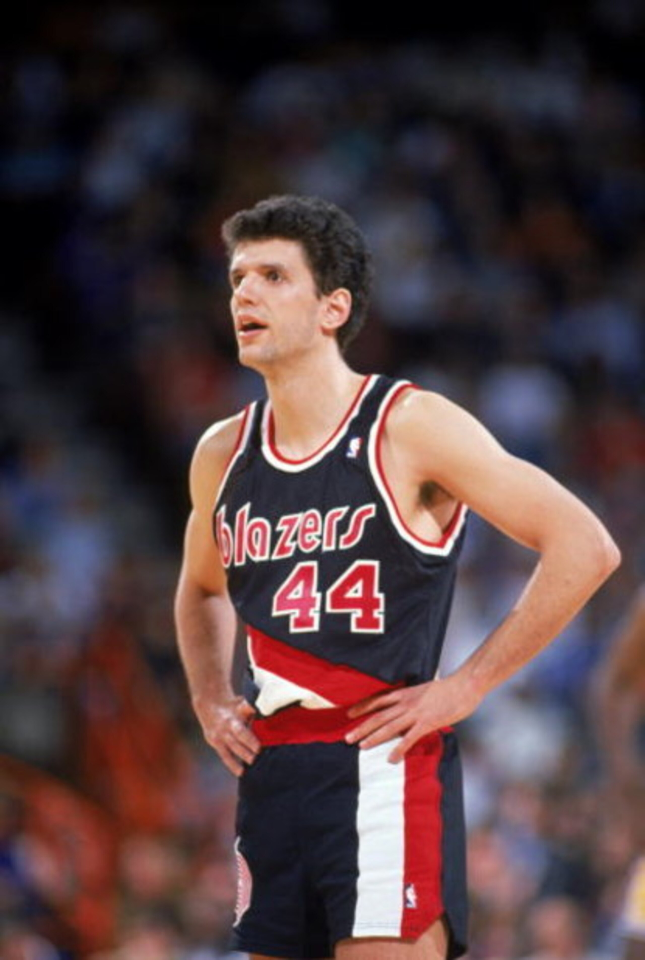 1989-90:  Drazen Petrovic #44 of the Portland Trail Blazers stands on the court during a 1989-90 season game. NOTE TO USER: User expressly acknowledges and agress that, by downloading and or using this photograph, User is consenting to the terms and condi